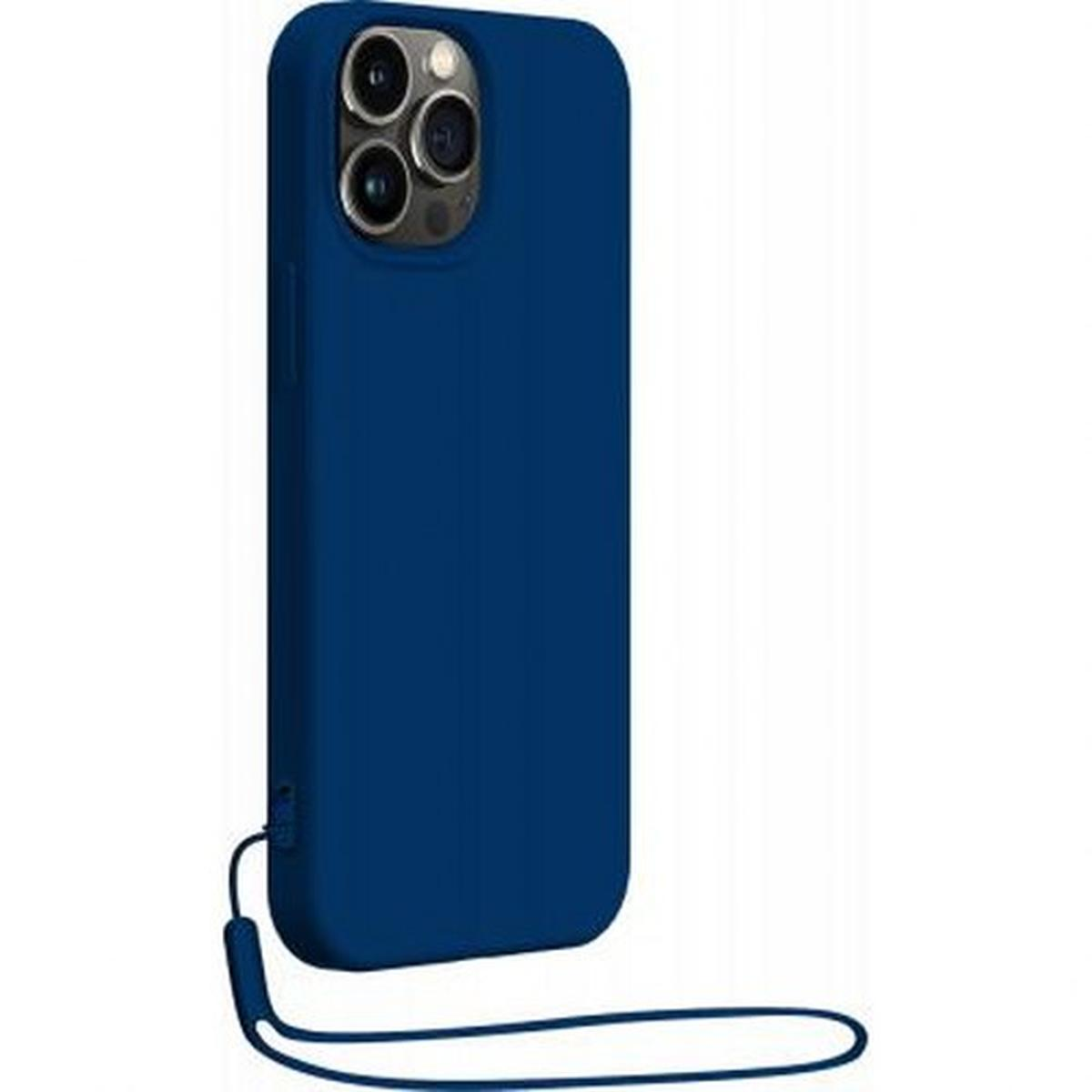 Una custodia per telefono blu scuro con un cinturino da polso. Il retro del telefono è visibile.