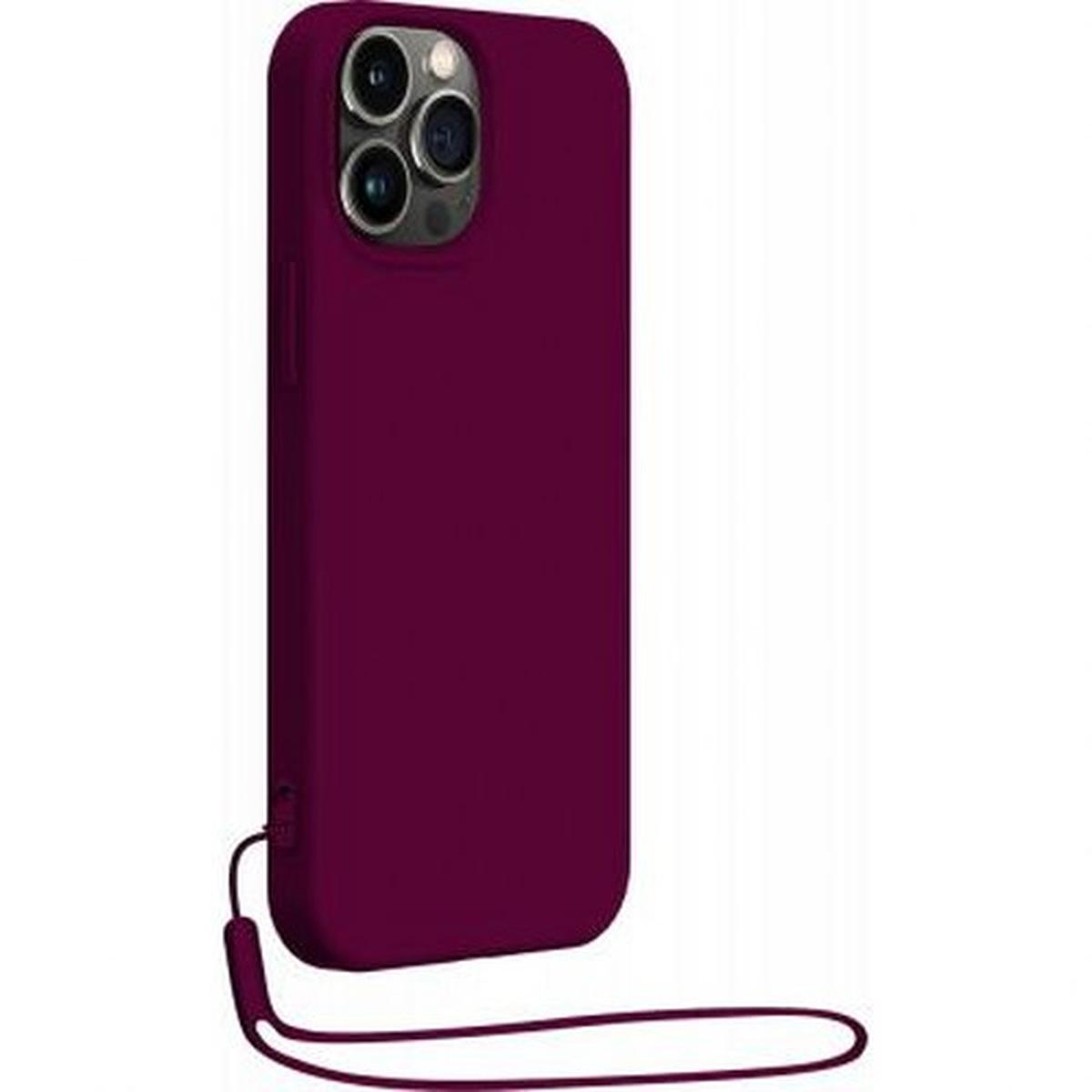 Viene mostrata una custodia per telefono bordeaux con cinturino. La custodia ha lenti della fotocamera ed è in piedi.