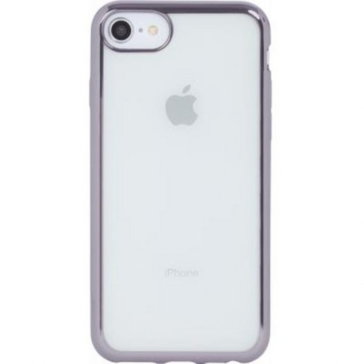 Custodia viola per telefono con cornice argentata. Ha il logo Apple sul retro.