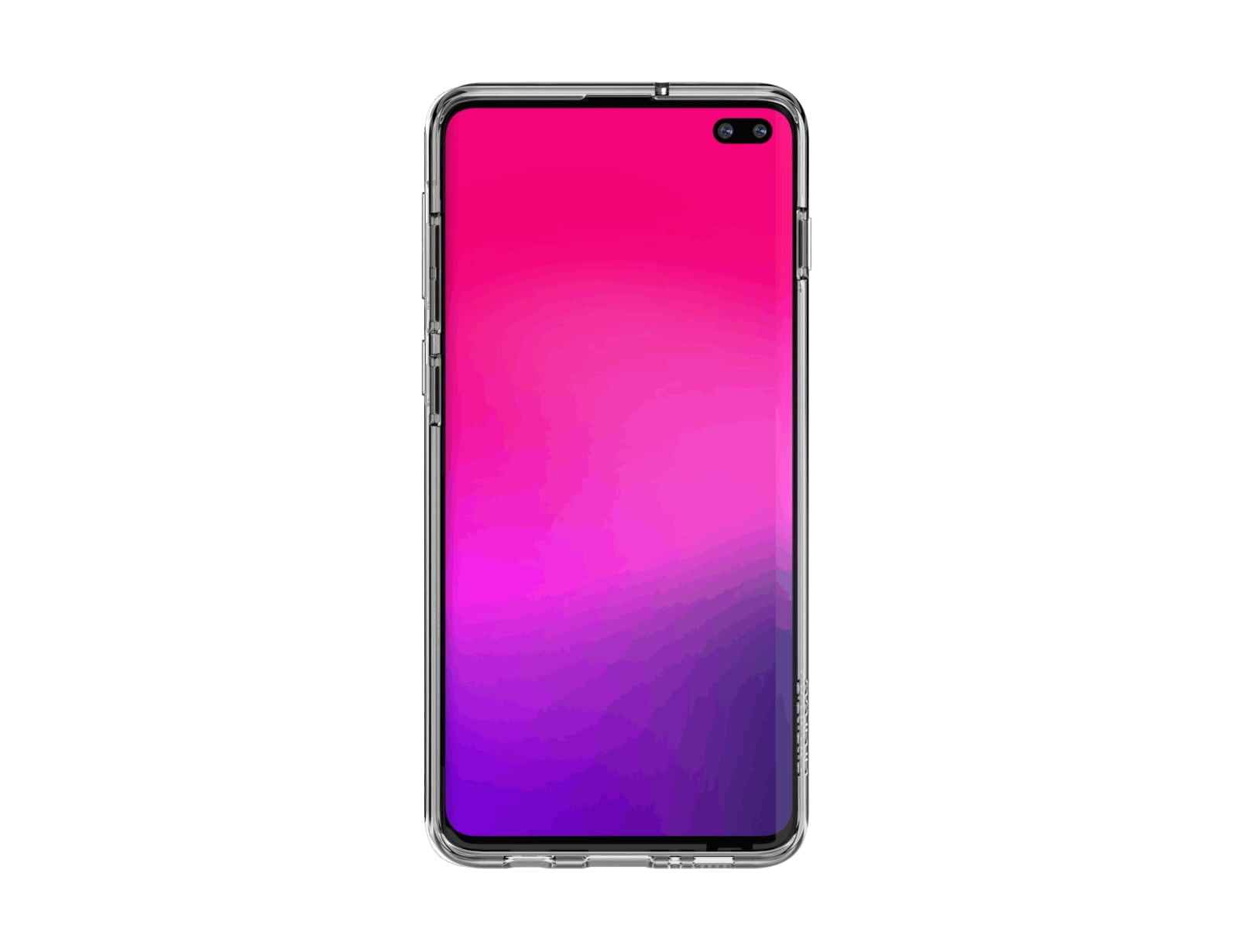 Uno smartphone con display sfumato rosa-viola, in una custodia protettiva trasparente, su sfondo bianco.