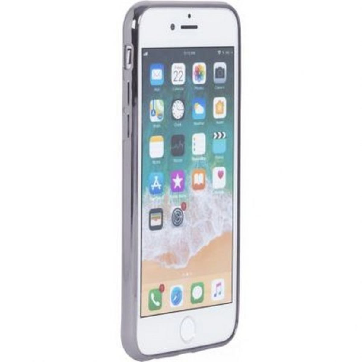 iPhone argento con custodia trasparente, che mostra la schermata iniziale con icone.