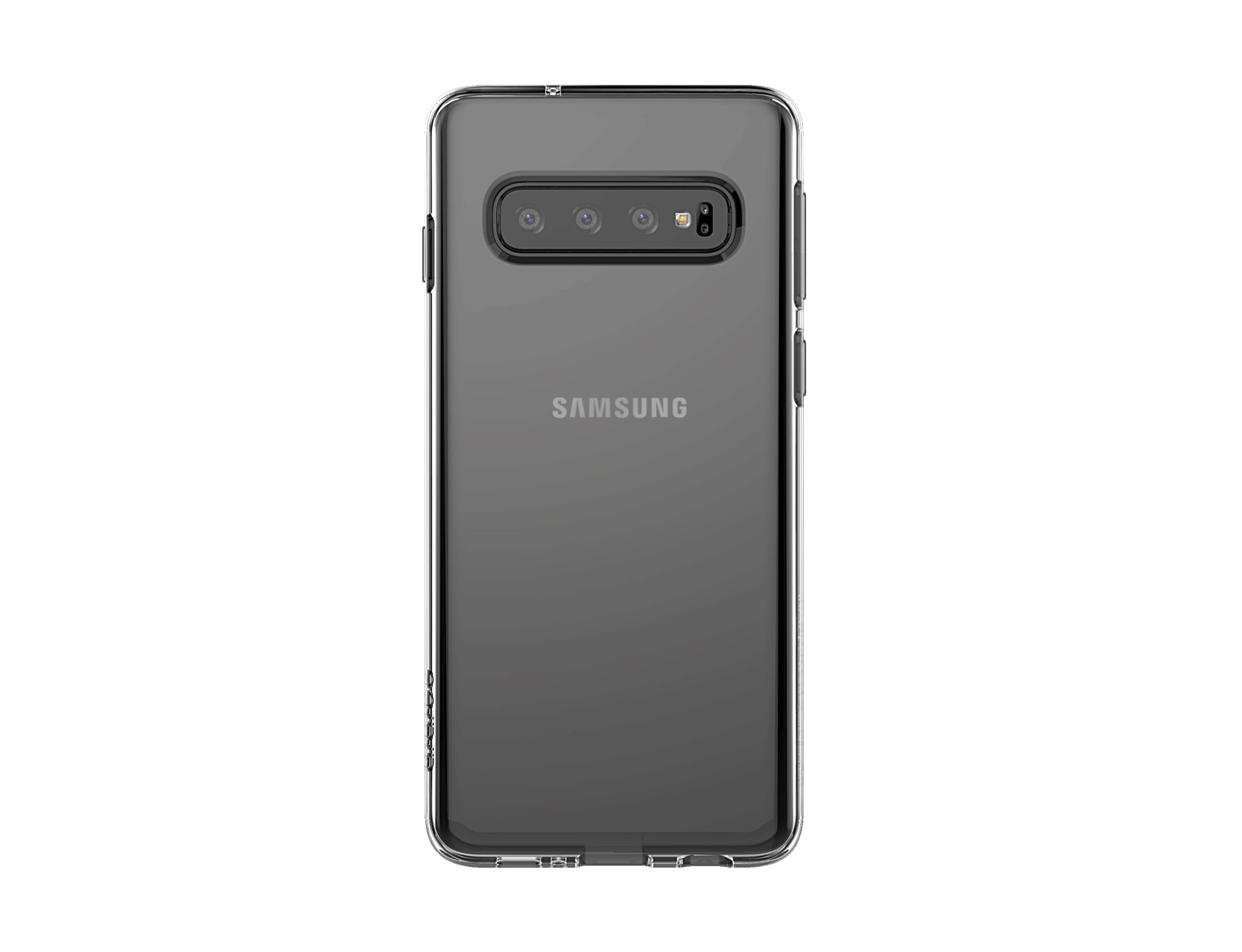Un telefono in una custodia trasparente. La parte posteriore è visibile, con il logo Samsung e le lenti.