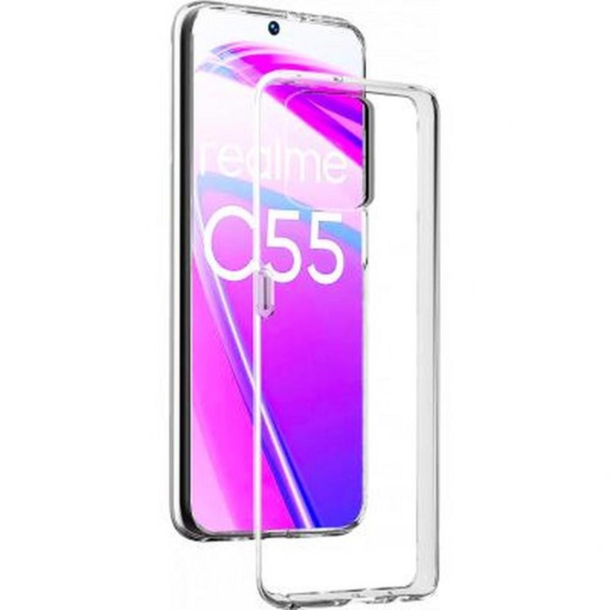 Una custodia trasparente su un telefono con schermo viola, su sfondo bianco.
