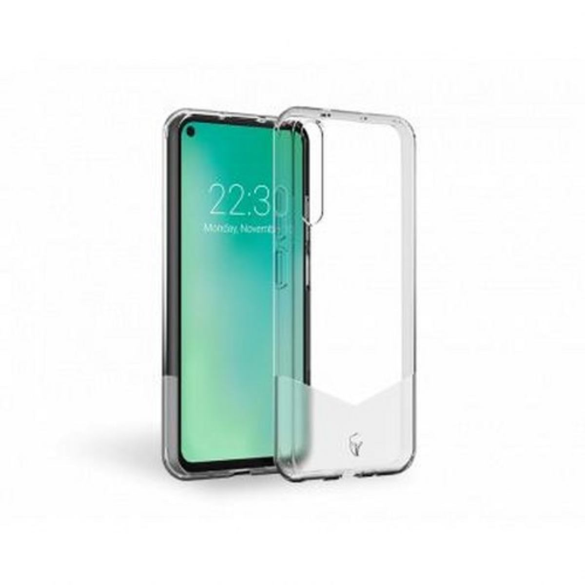 Un telefono è in una custodia trasparente, che mostra uno schermo verde. Una custodia trasparente è intorno.