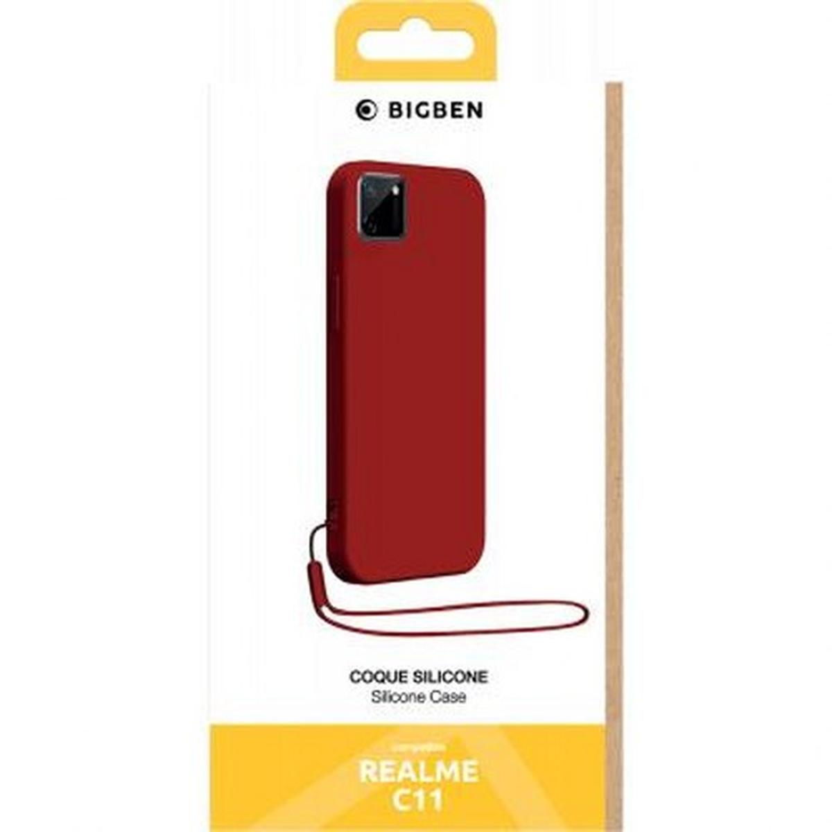 Custodia rossa per telefono con fotocamera nera e cordino, su sfondo bianco.