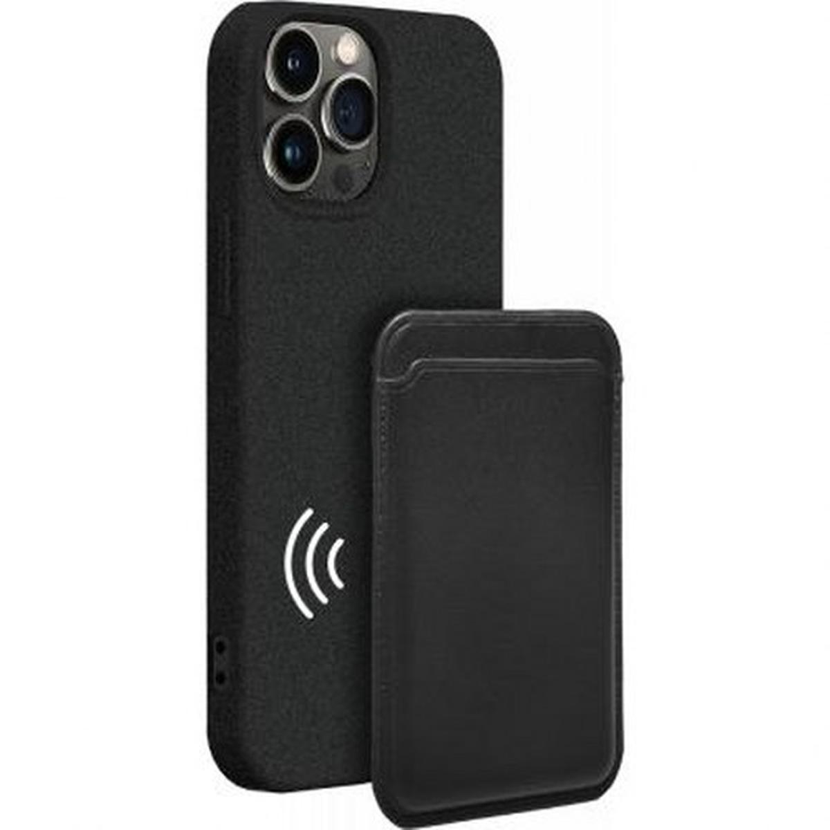 Custodia nera per telefono e porta carte. Logo bianco sulla custodia.