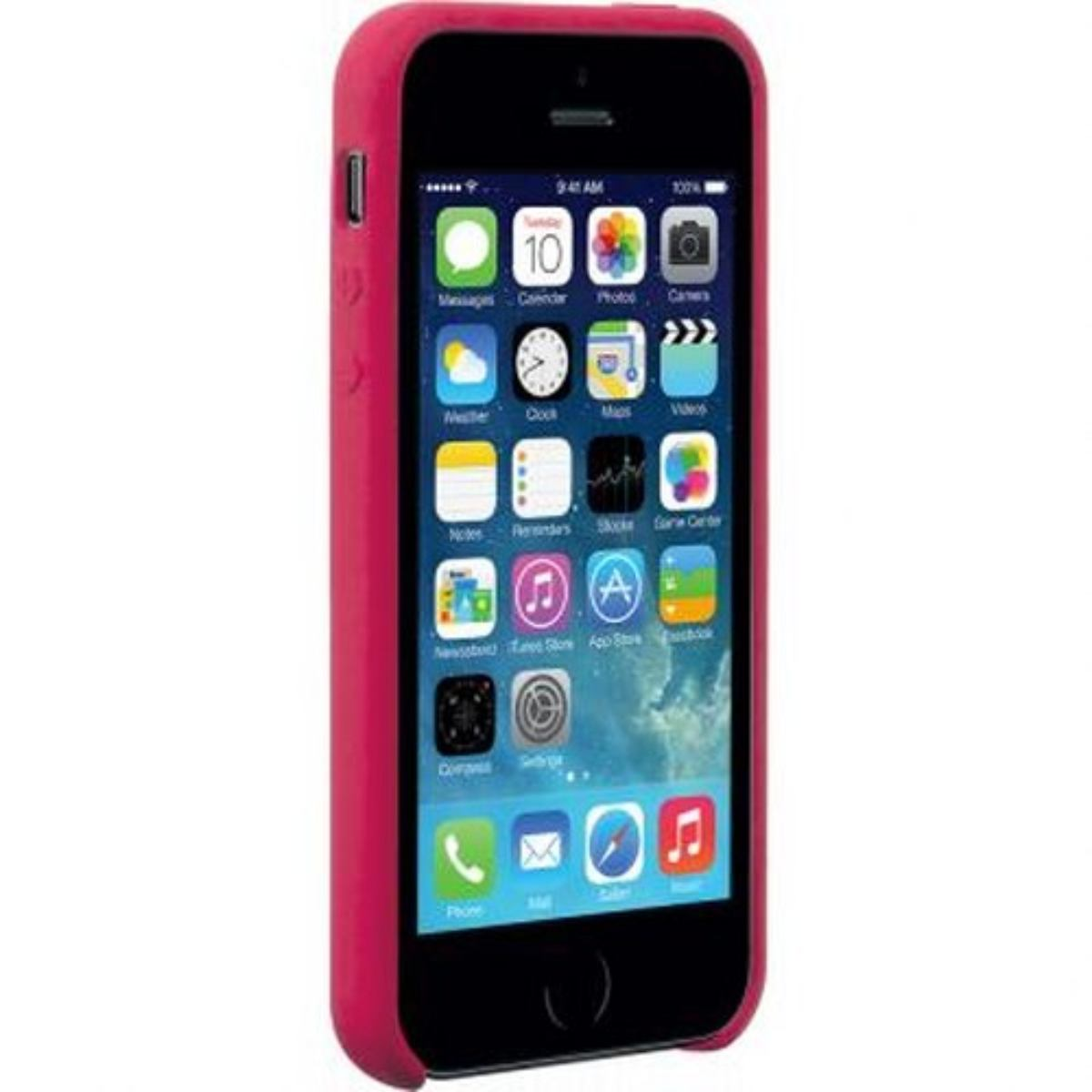 Telefono rosa con custodia rosa. Lo schermo mostra le icone delle app.