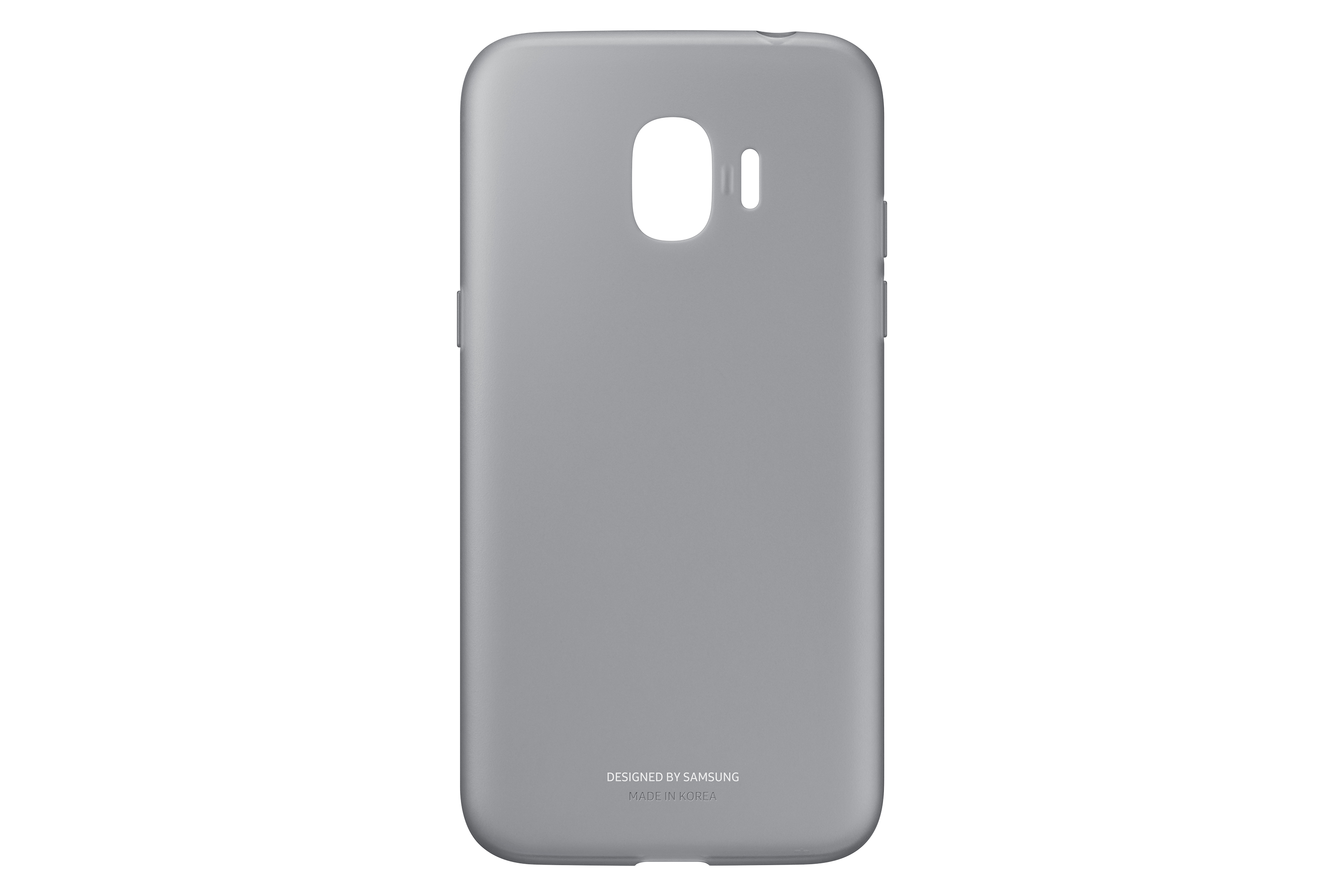 Una custodia grigia per telefono, con un design semplice e un ritaglio per la fotocamera.