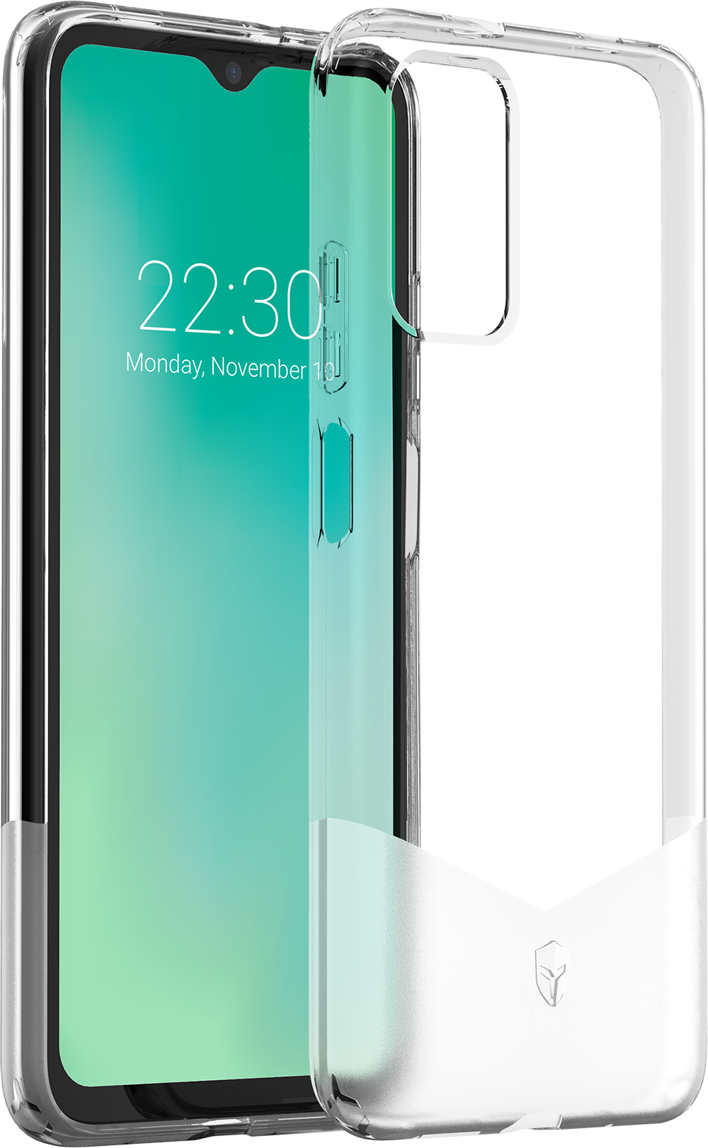 Un telefono con una custodia trasparente, che mostra l'ora e la data sullo schermo.