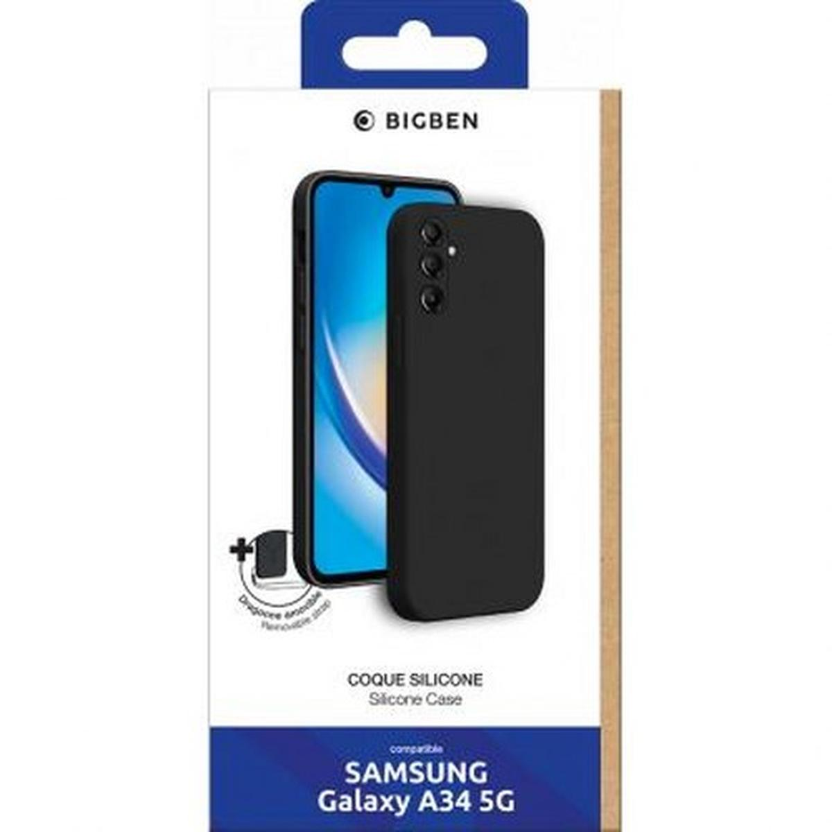 Una custodia per telefono in una scatola, con un telefono e le parole 'Samsung Galaxy A34 5G'.