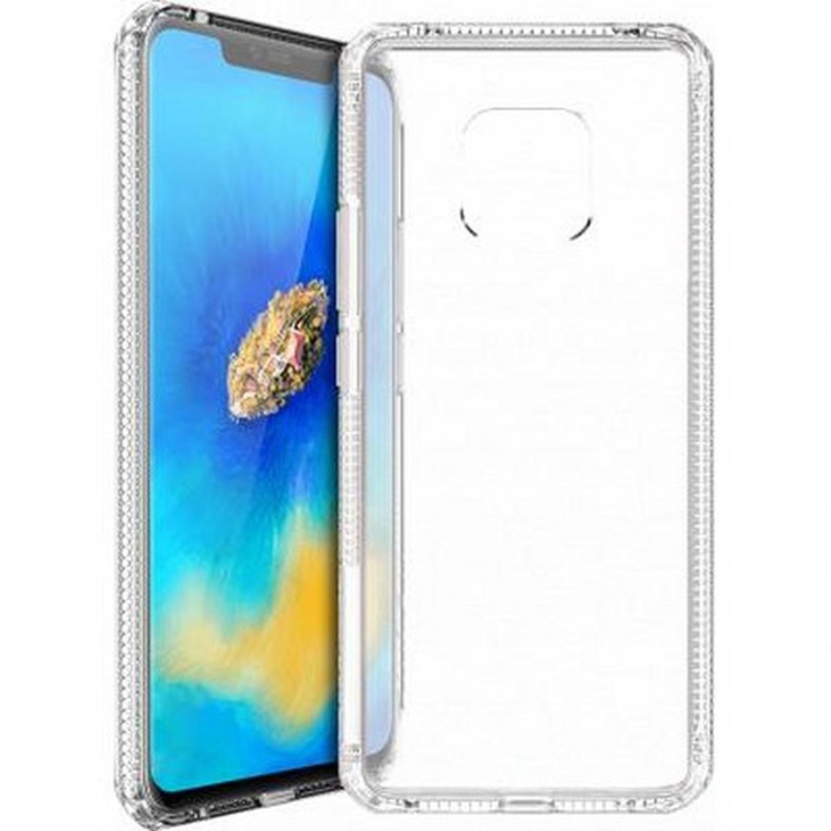 Custodia trasparente vicino al telefono. Lo schermo mostra uno sfondo.