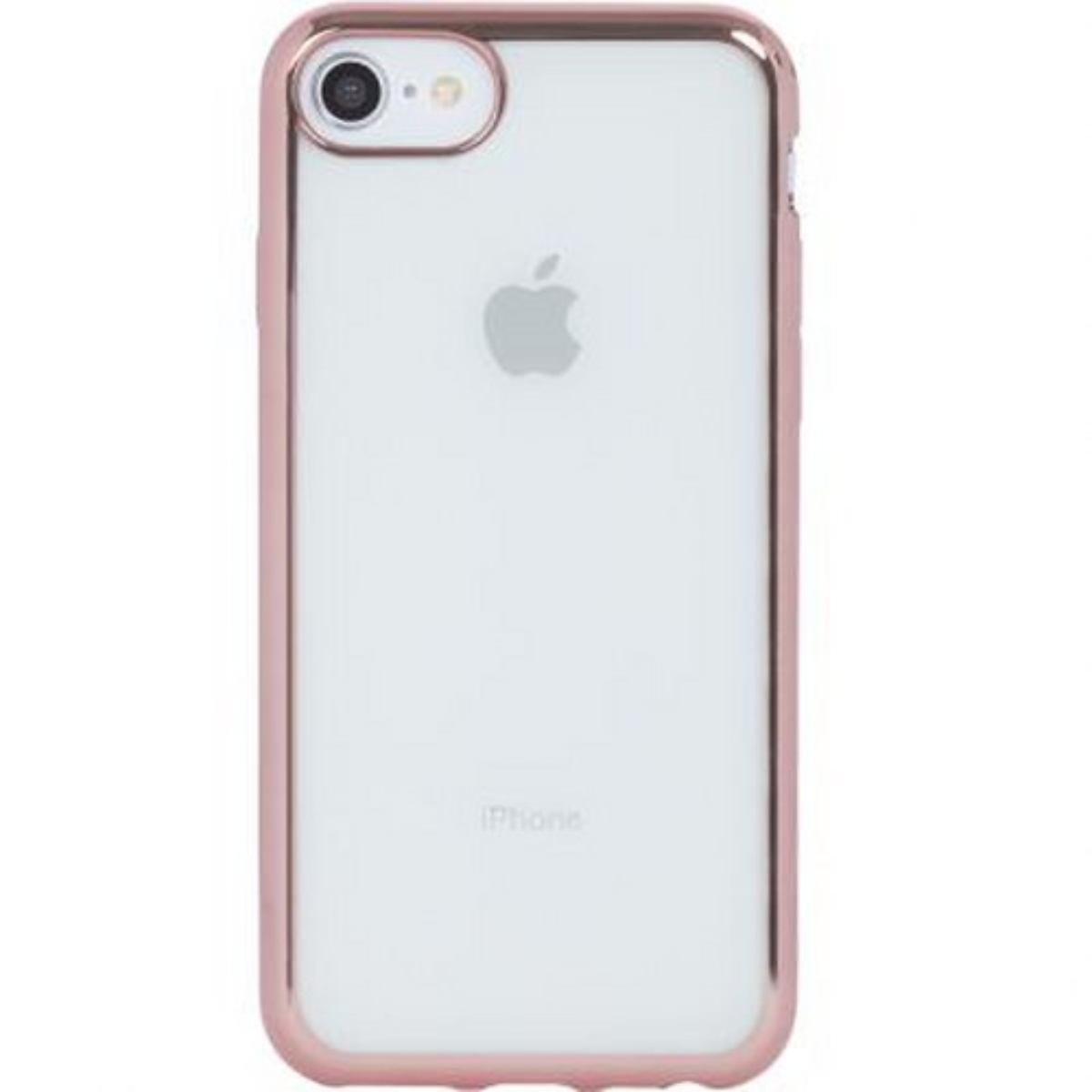 Retro di un iPhone in una custodia trasparente con bordo rosa. Logo Apple visibile.