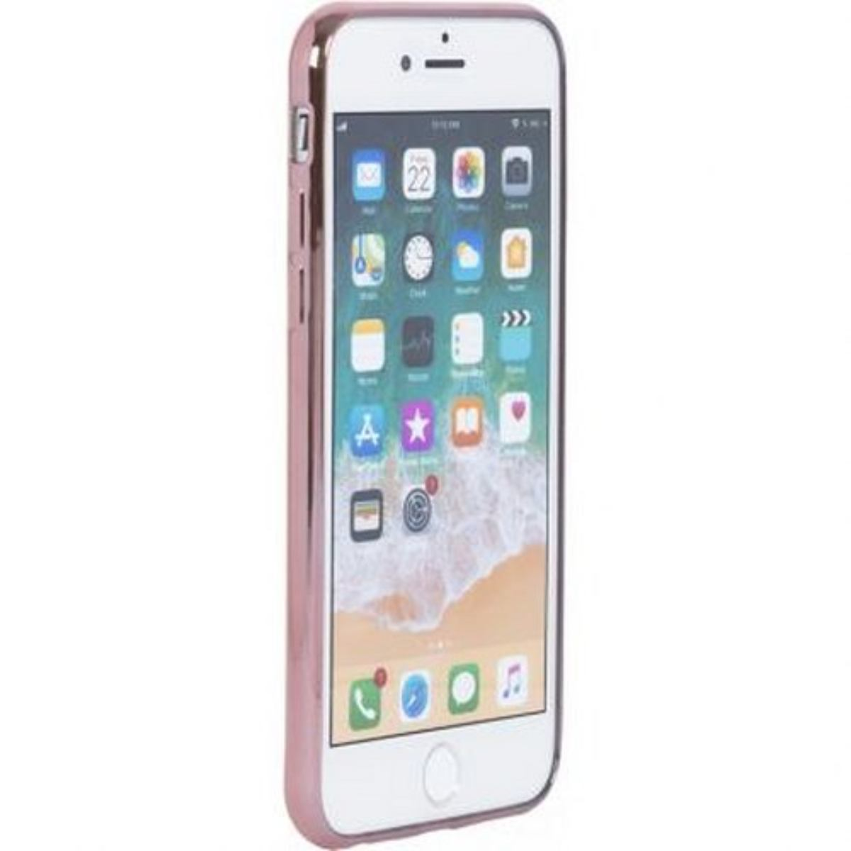 Custodia per telefono rosa con un telefono all'interno. Lo schermo mostra la schermata iniziale con le app.