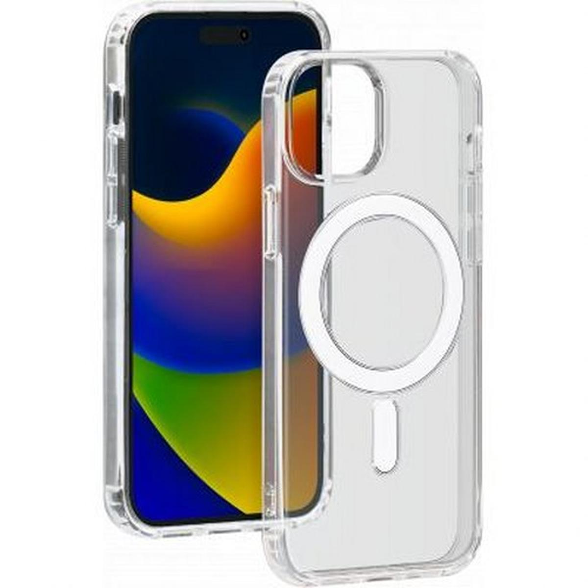 Telefono con design a colori sullo schermo e custodia trasparente accanto.
