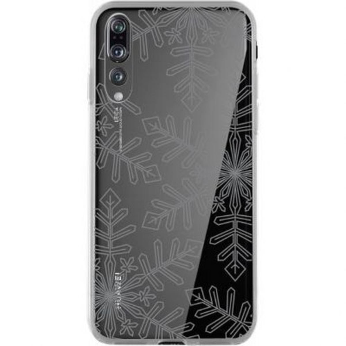 Una custodia trasparente con disegni di fiocchi di neve su un telefono nero.