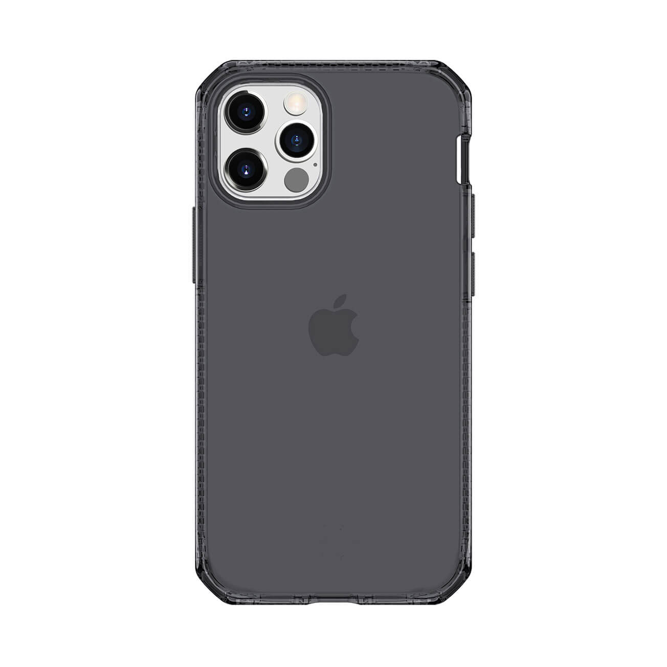 Un telefono in una custodia trasparente, che mostra il logo Apple e la fotocamera.