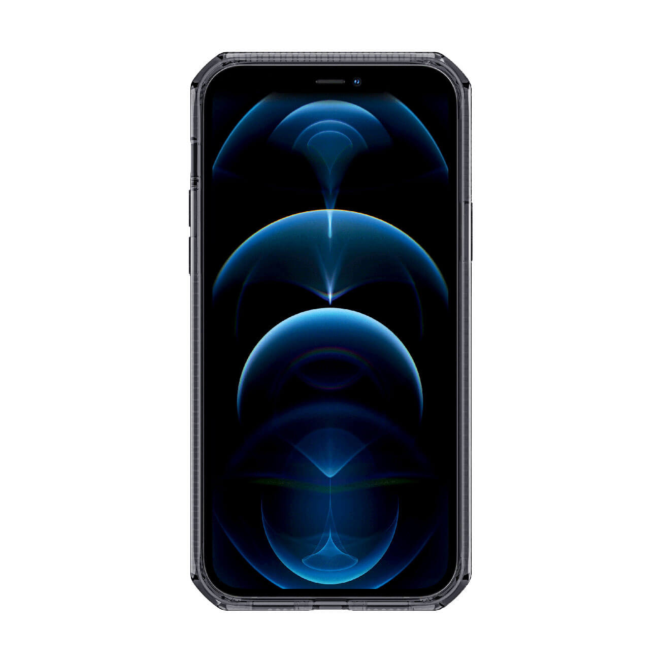 Un telefono in una custodia trasparente, che mostra uno sfondo astratto blu e nero.
