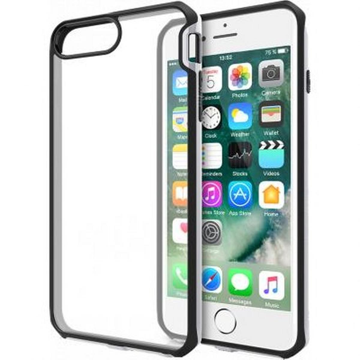 Custodia trasparente con cornice nera, mostra un telefono con app sullo schermo.