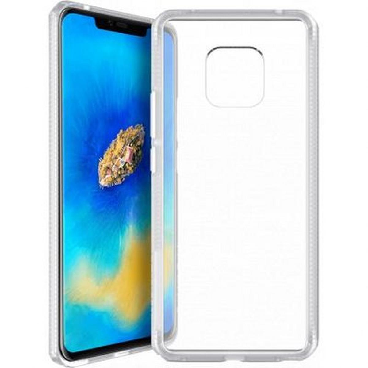 Uno smartphone parzialmente racchiuso in una custodia trasparente. Lo schermo mostra un'immagine blu e dorata.
