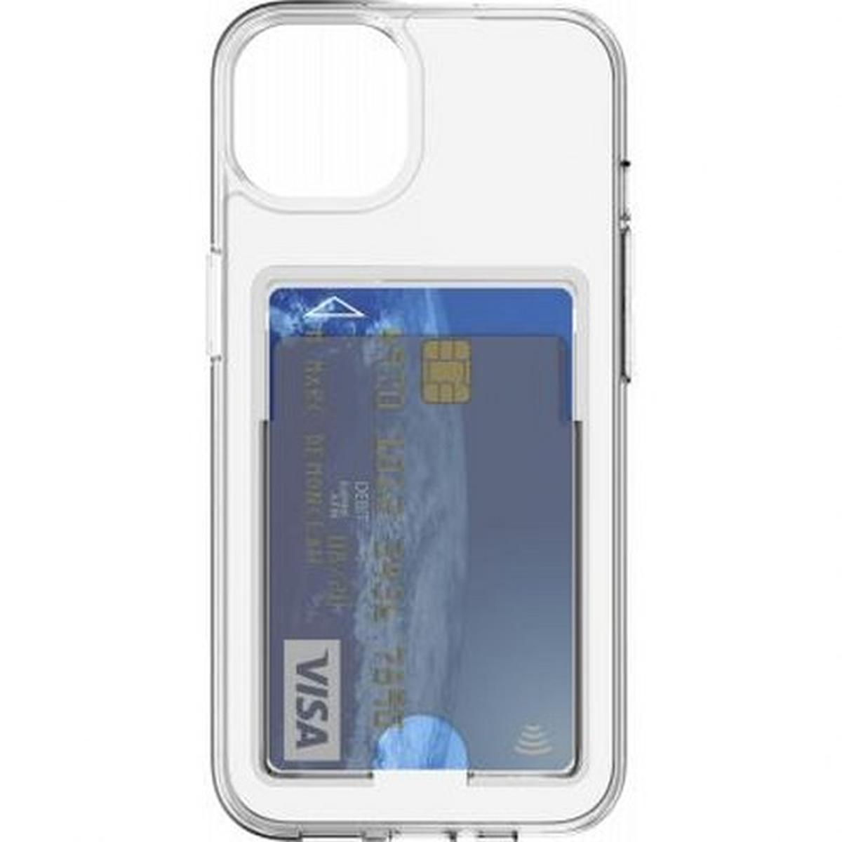 Custodia trasparente per telefono con carta di credito all'interno. La carta è blu e ha il logo Visa.