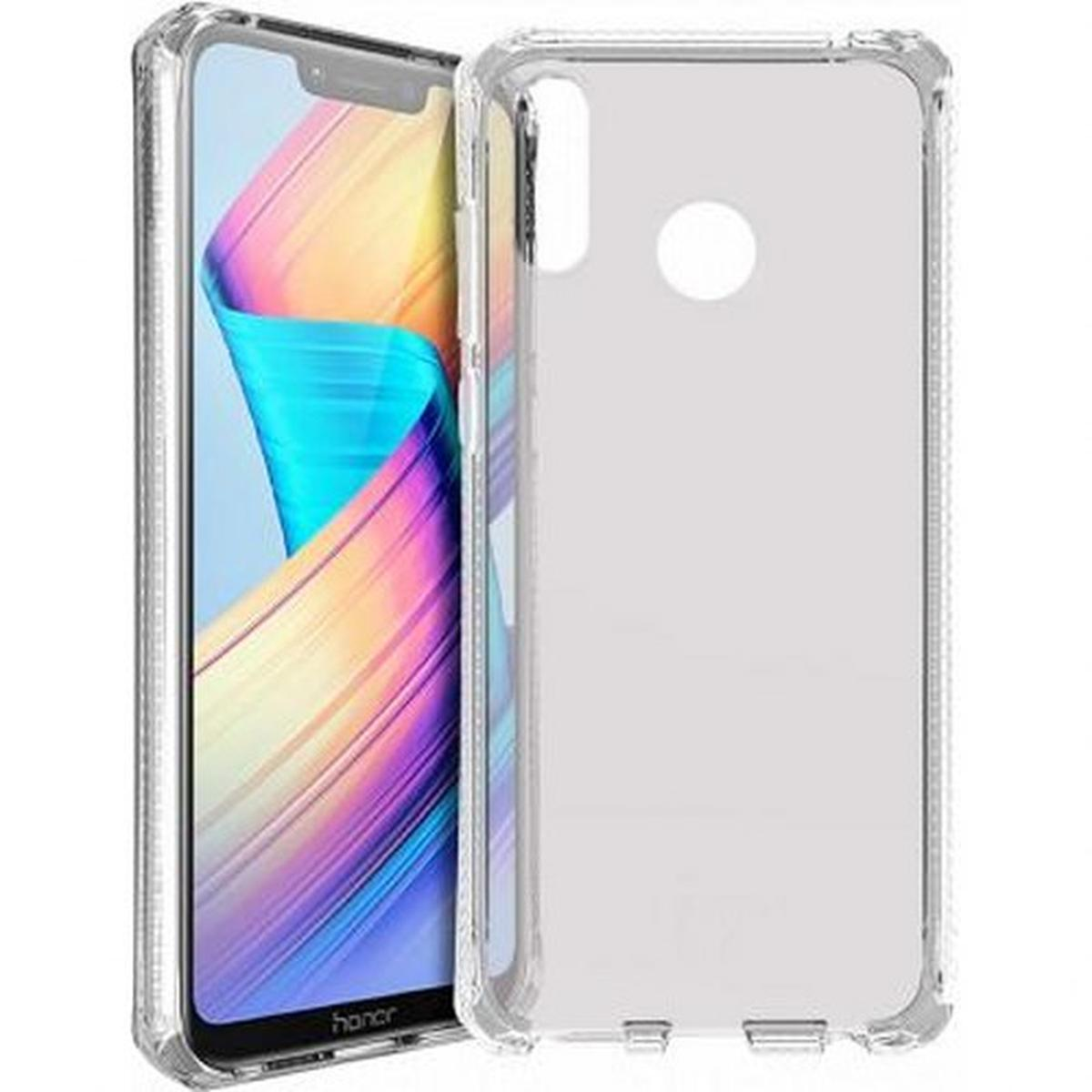 Custodia trasparente per telefono sopra un telefono. Il telefono è nero, con fotocamera a tripla lente. Sfondo bianco.