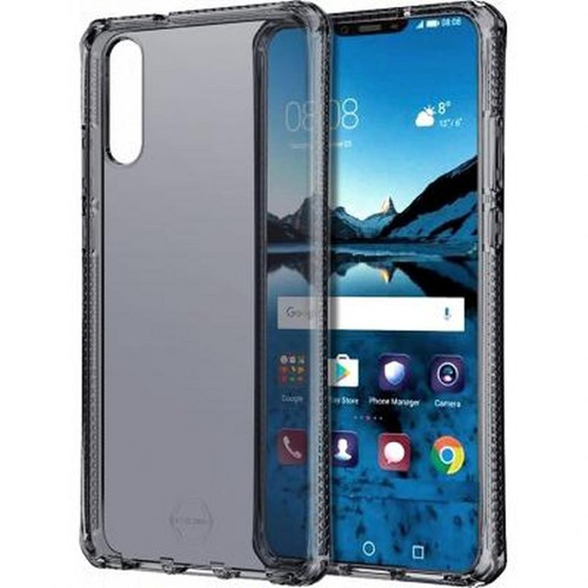 Telefono con custodia su sfondo bianco. Lo schermo del telefono è acceso.