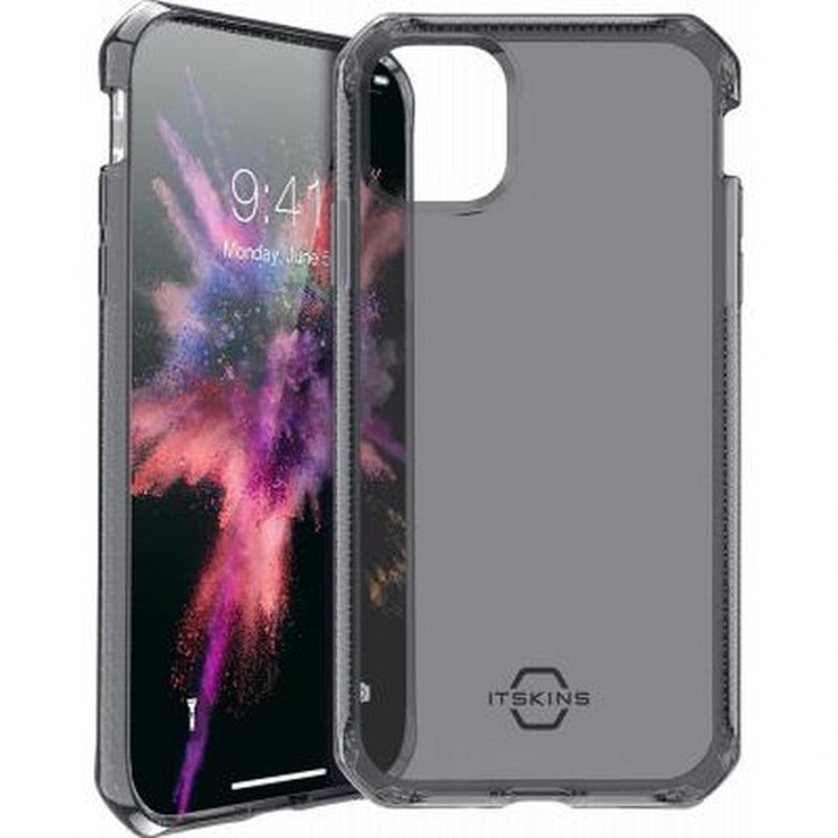 Un telefono all'interno di una custodia trasparente con bordo grigio, che mostra lo schermo del telefono.