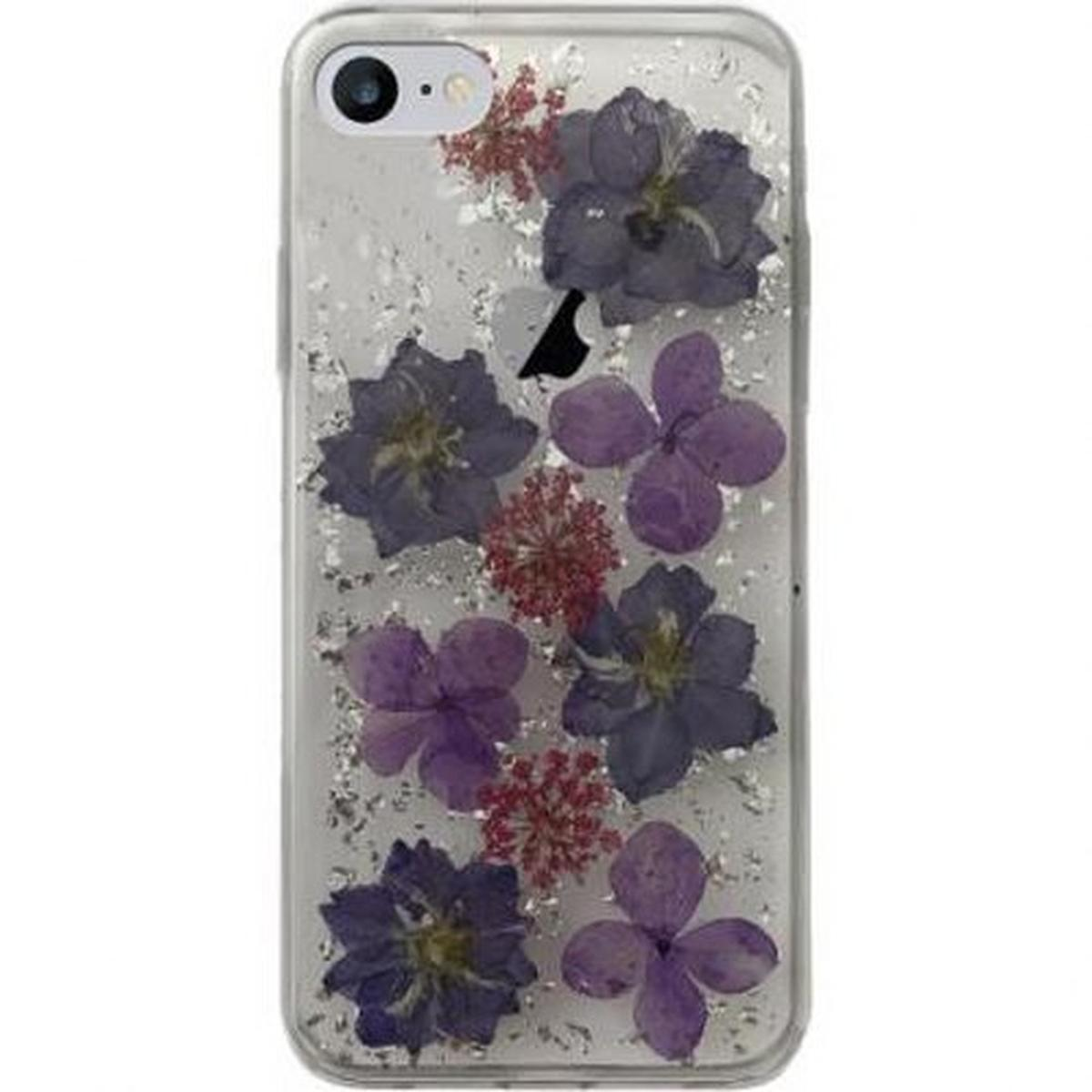 Custodia trasparente per telefono con fiori pressati e glitter argentati. Sono visibili fiori viola e rosa.
