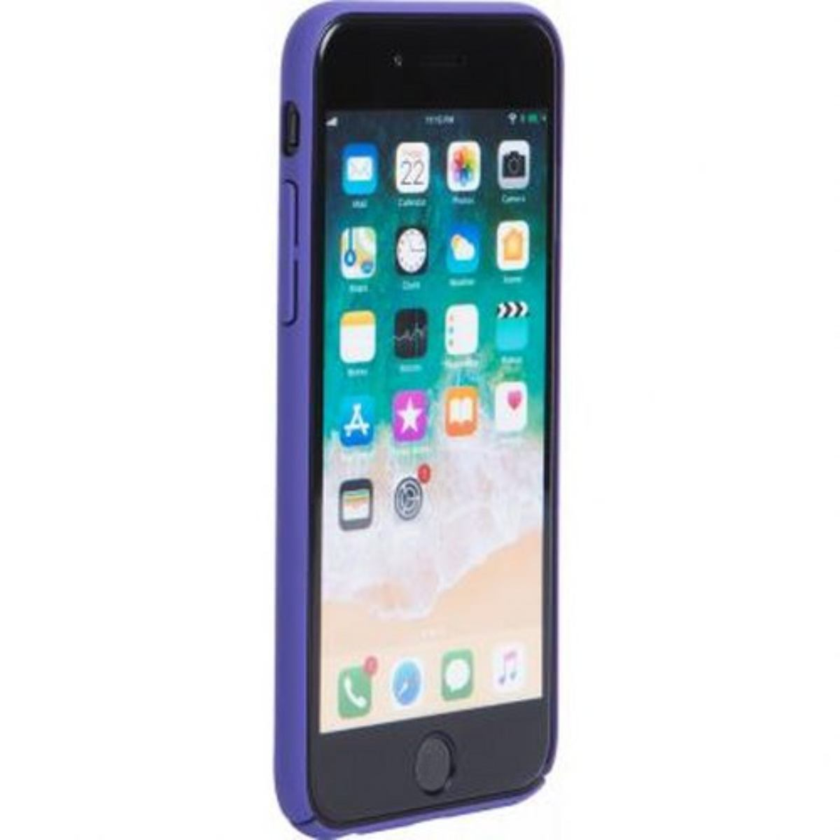 Un iPhone in una custodia viola. Lo schermo mostra icone di app. Lo sfondo è bianco.