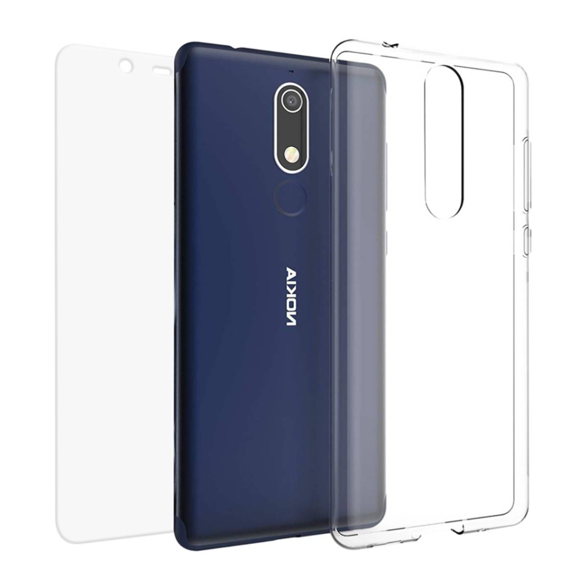 Un telefono e una custodia trasparente sono mostrati. Il telefono è blu scuro e la custodia è trasparente. Viene mostrata anche una protezione per lo schermo.