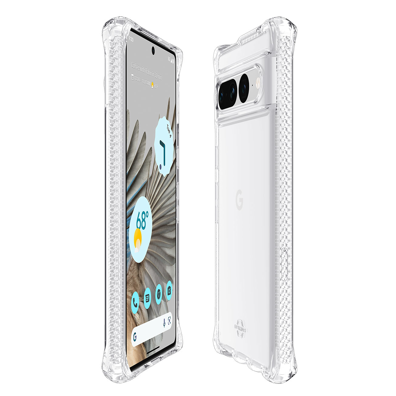 Due custodie trasparenti per Pixel 7 Pro. Uno mostra lo schermo, l'altro la fotocamera e il retro.