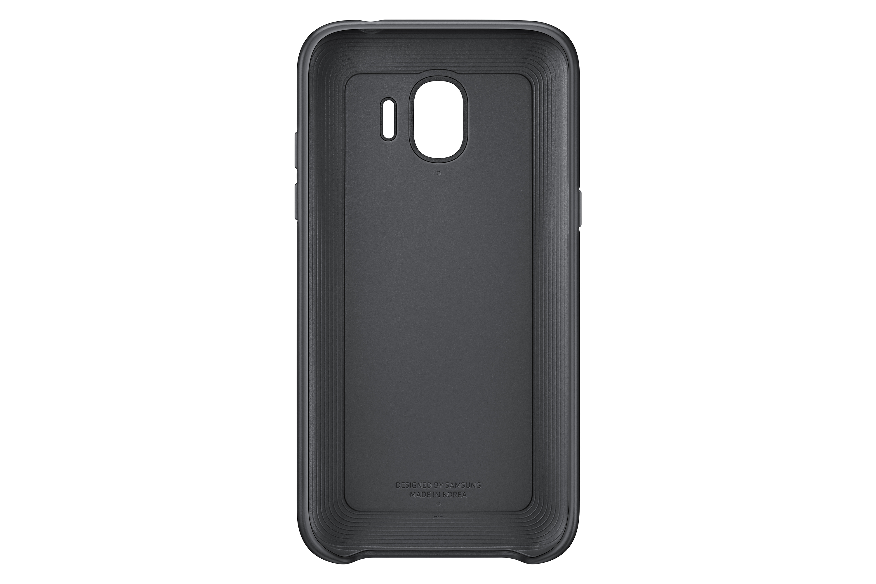 Una custodia nera per telefono Samsung, vista interna. La custodia è grigio scuro con un ritaglio per la fotocamera.