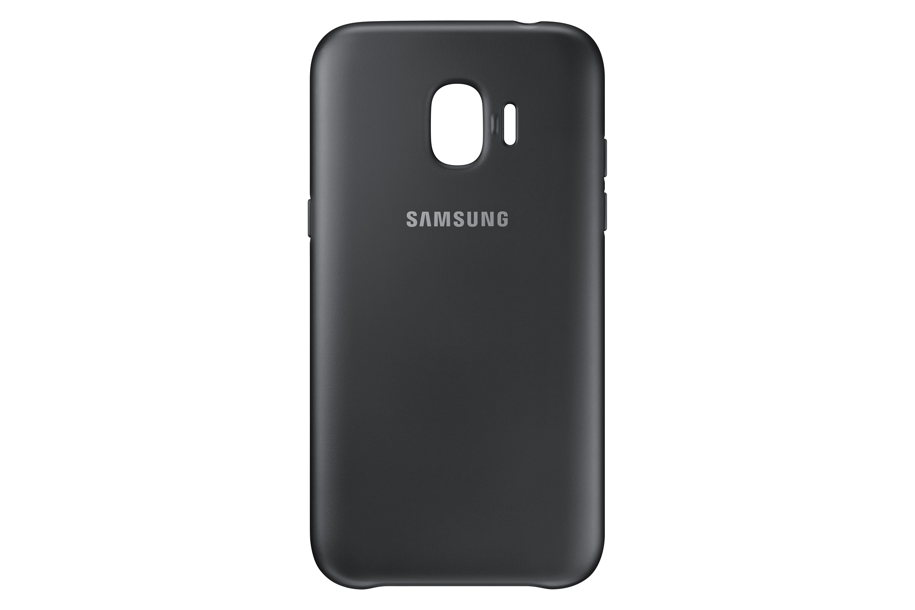 Una custodia nera per telefono Samsung, vista posteriore. La custodia ha il logo Samsung.