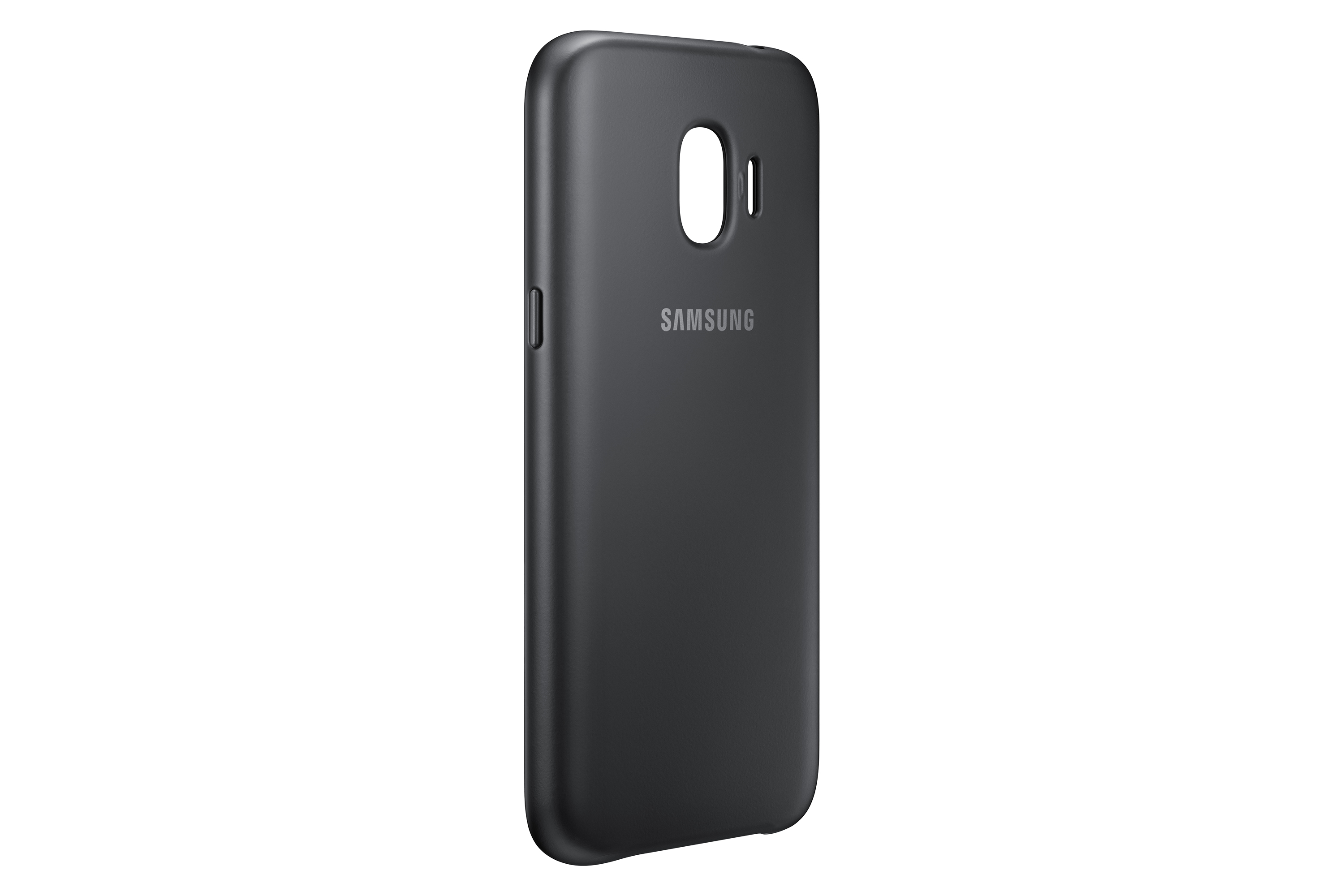 Una custodia nera per telefono Samsung, vista laterale. La custodia è semplice con il logo Samsung.