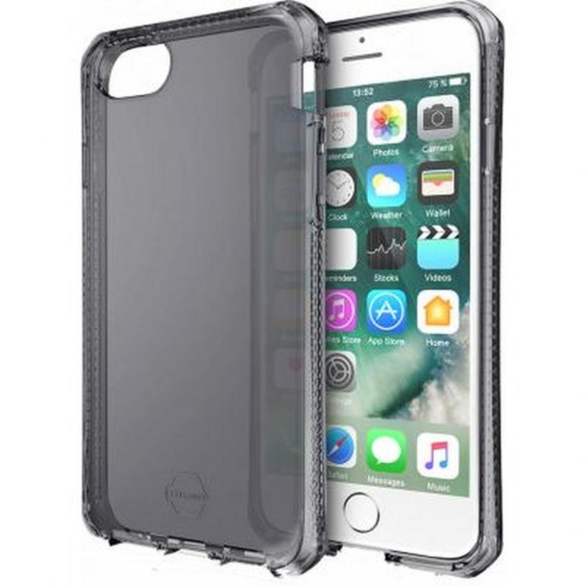 Una custodia trasparente per telefono che tiene un iPhone bianco. La custodia è in uso e ha una cornice grigia.