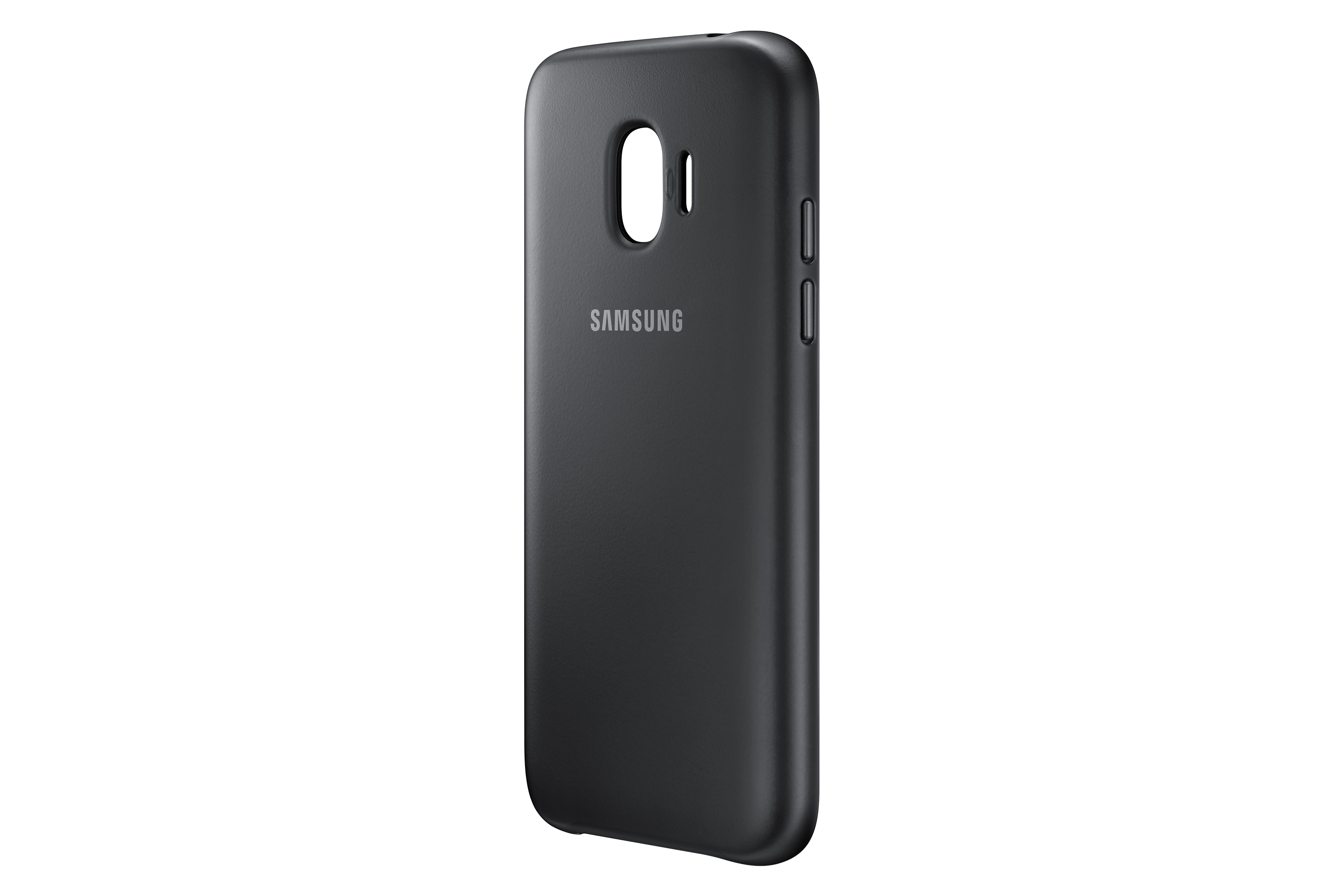 Una custodia per telefono nera con il logo Samsung. La custodia è su uno sfondo bianco.