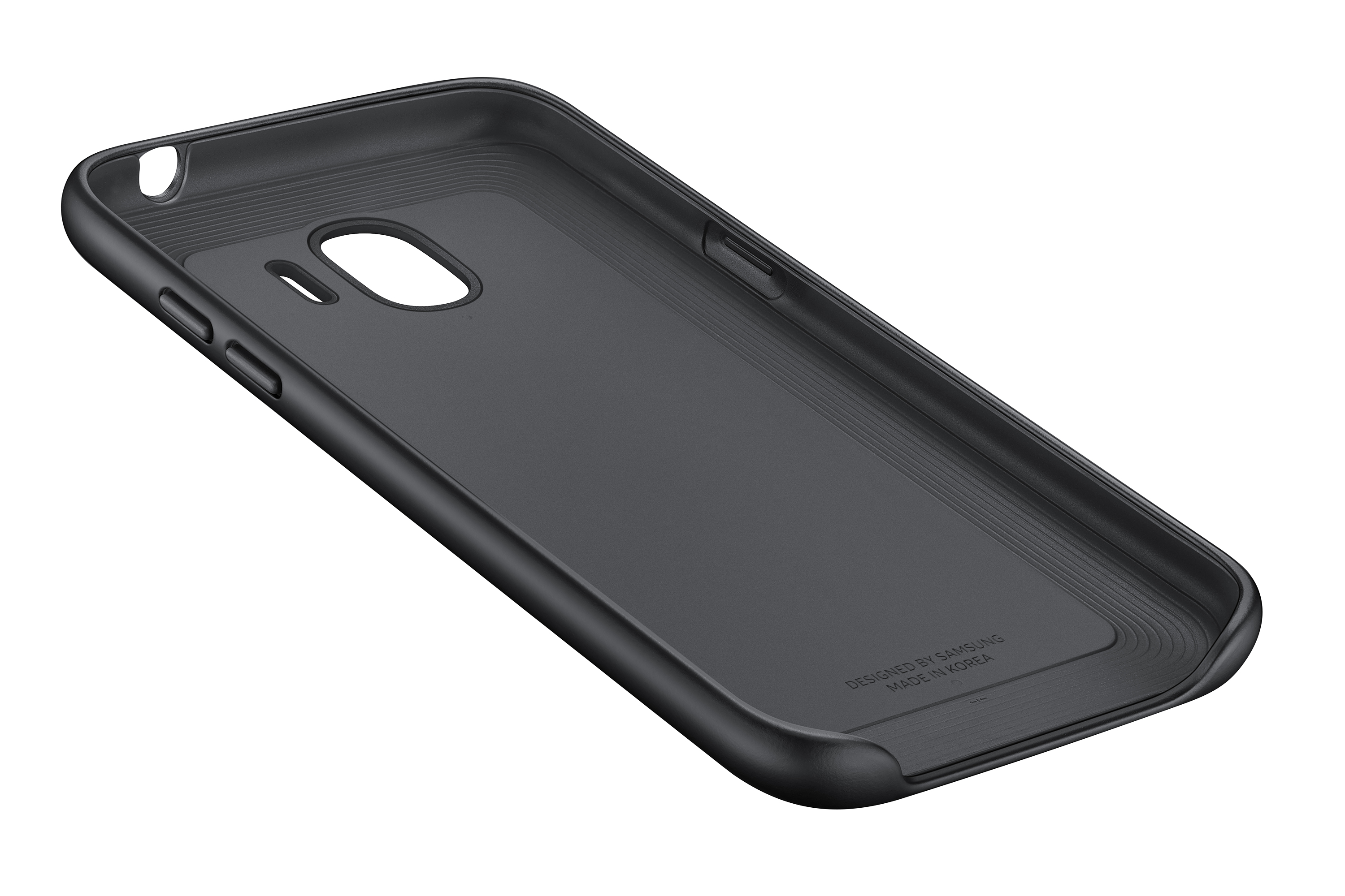 Interno di una custodia nera per telefono, con contorni e le parole, Designed by Samsung, Made in Korea.