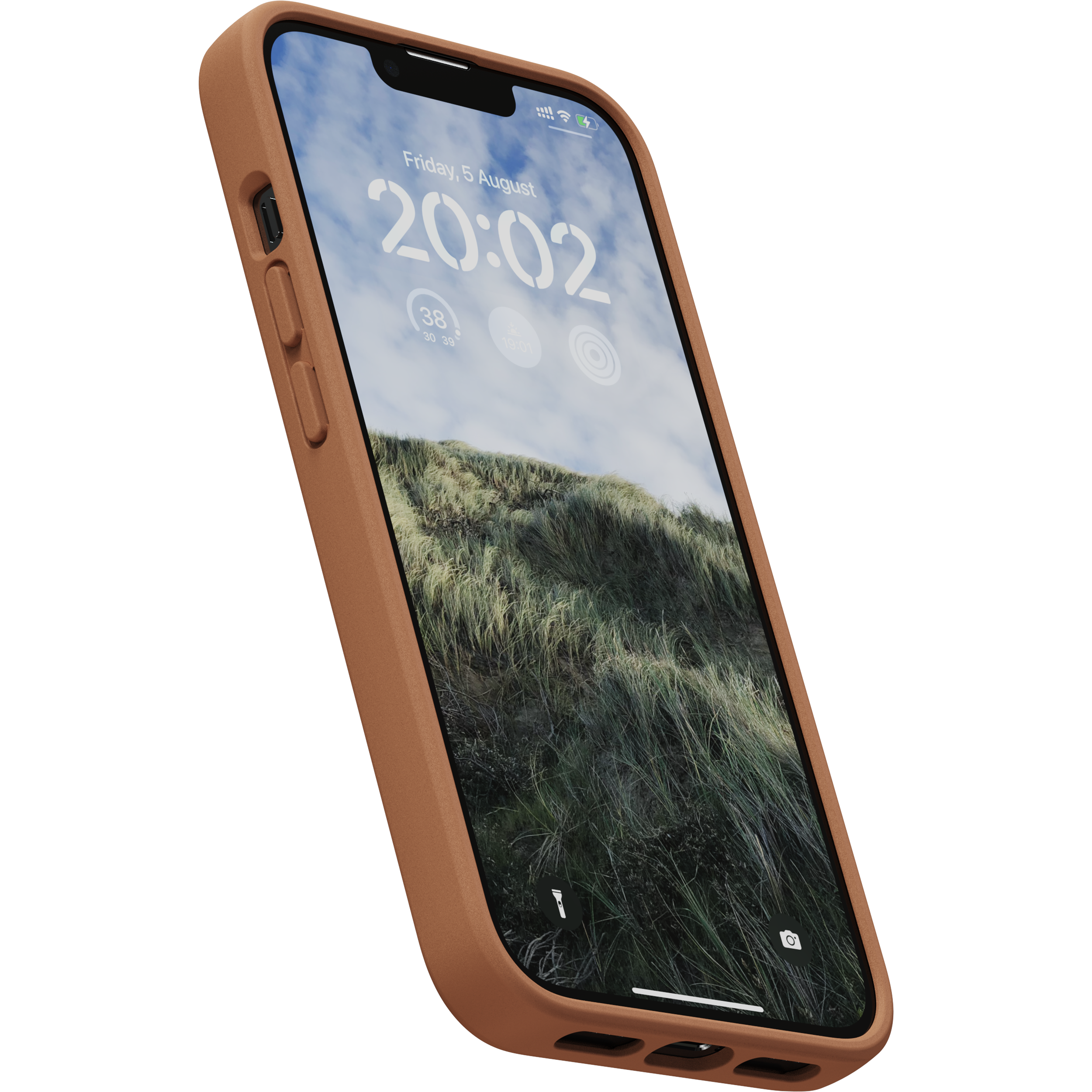 Custodia color cuoio che tiene un telefono che mostra sfondo cielo nuvoloso ed erba, impostato a venerdì.