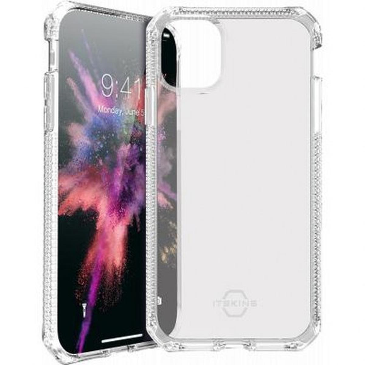 Un telefono con custodia trasparente accanto a un altro telefono, entrambi mostrano arte astratta colorata.