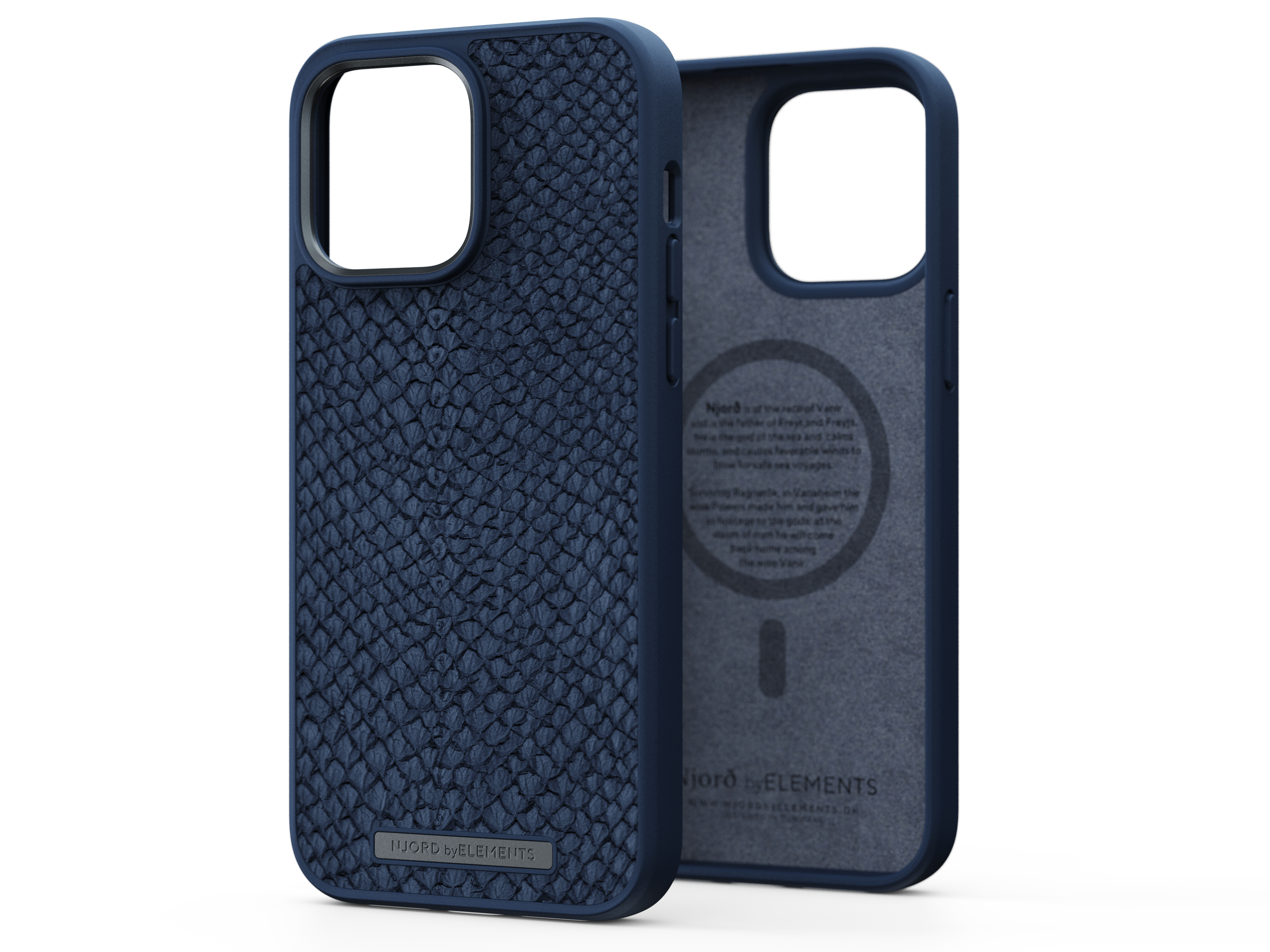 Una custodia per telefono con motivo blu con un logo argentato e una fodera interna blu.