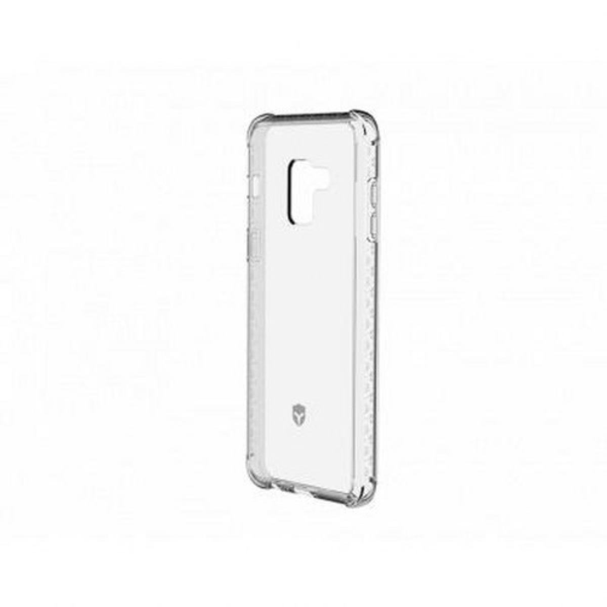 Una custodia trasparente per telefono, che mostra la parte posteriore del telefono, con fori per fotocamera e pulsanti laterali.