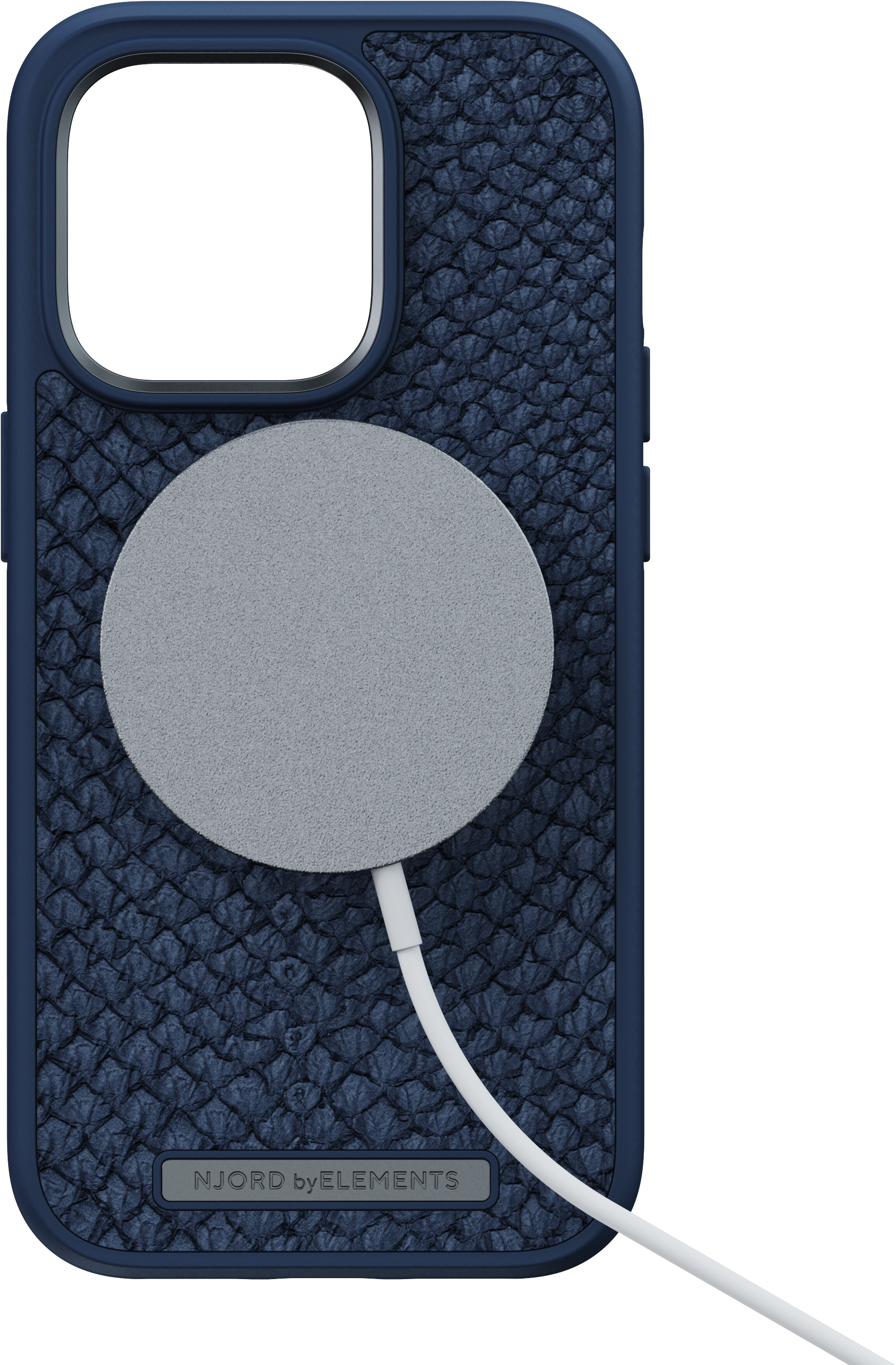 Custodia in pelle blu con caricatore MagSafe grigio e cavo di ricarica bianco.