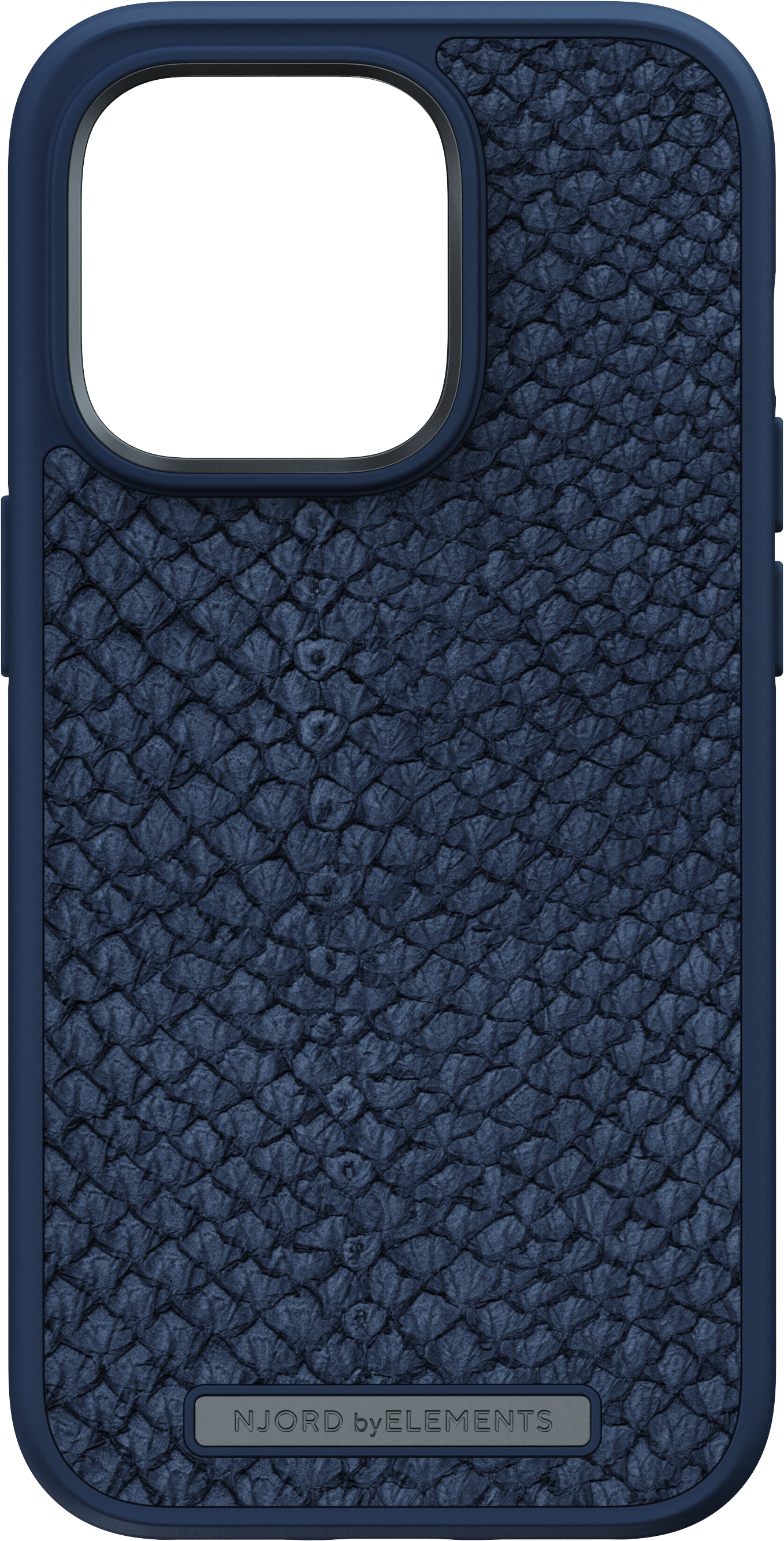Una custodia per telefono blu strutturata con un logo in basso.