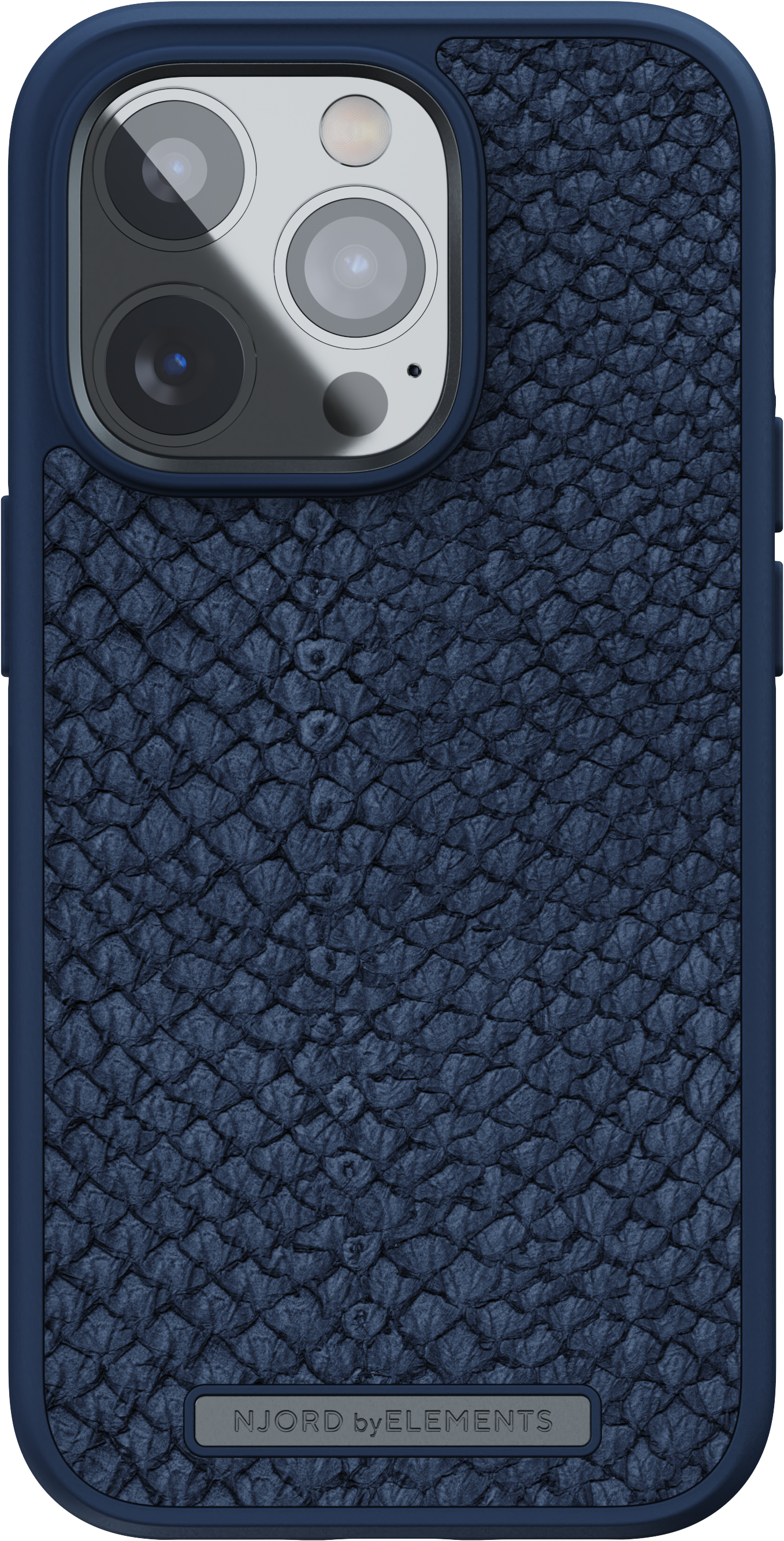 Custodia blu per telefono con design testurizzato e foro per fotocamera.