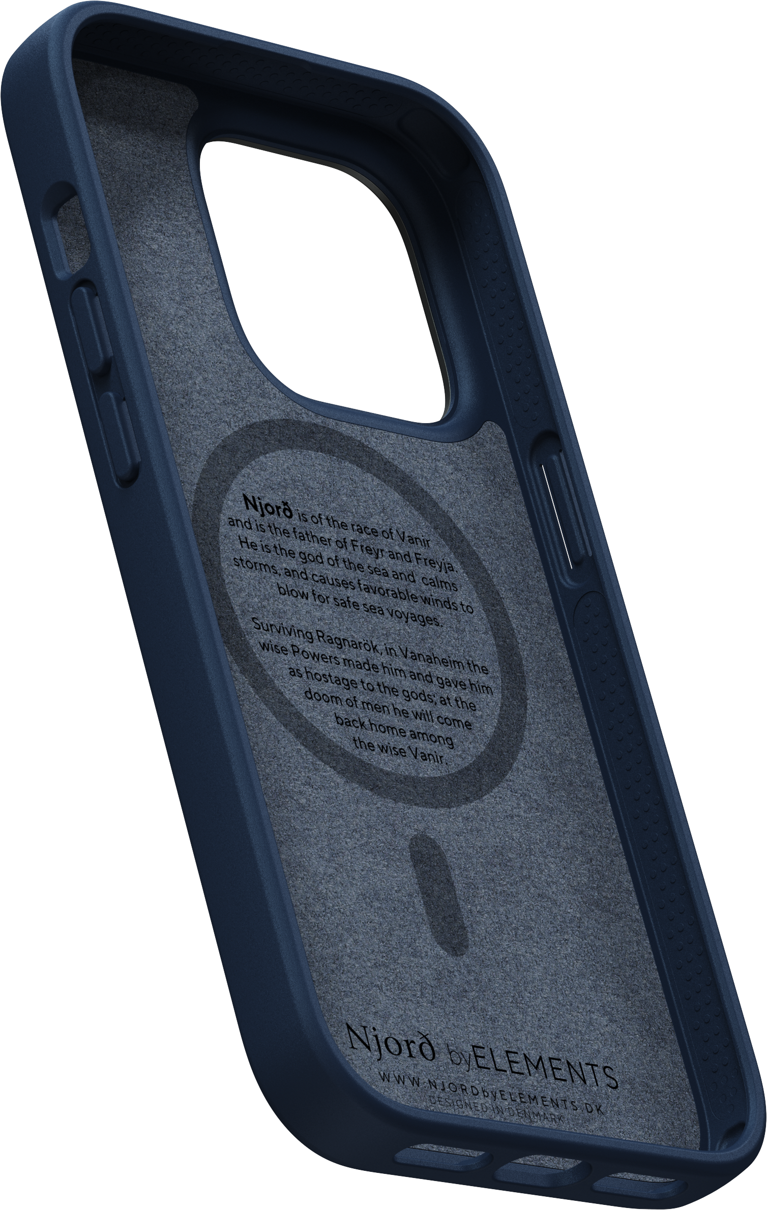 Una custodia per telefono blu scuro con testo e un cerchio magnetico, vista interna.
