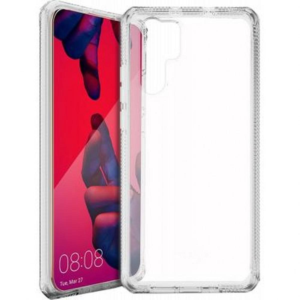 Custodia per telefono che mostra un telefono, con un'immagine rossa sul display. La custodia è trasparente.