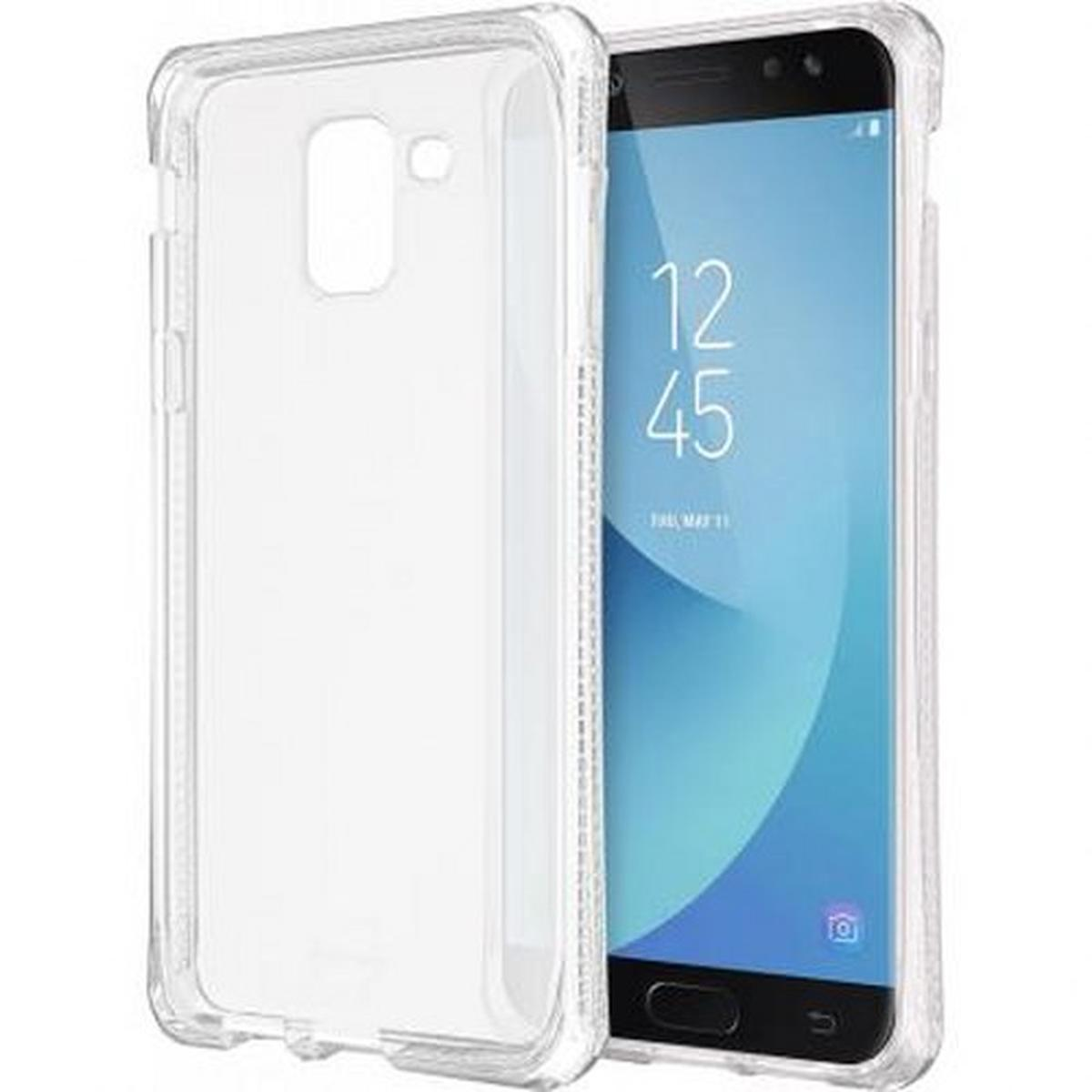 Una custodia trasparente per telefono protegge un telefono con schermo blu.