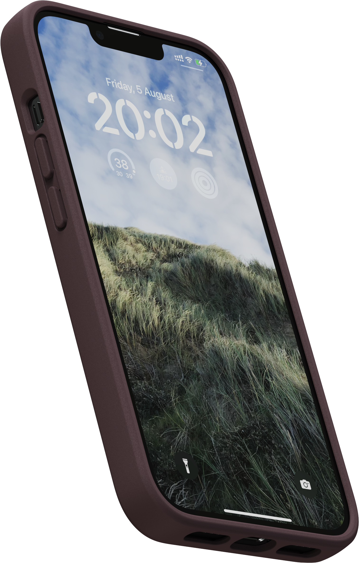 Un iPhone in una custodia marrone scuro. Lo schermo mostra un paesaggio con erba e cielo.