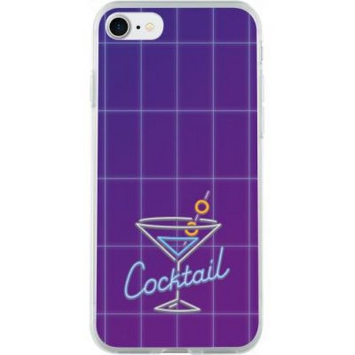 Custodia per telefono con design a cocktail. Sfondo a griglia viola, bicchiere da cocktail e la parola 'Cocktail'.