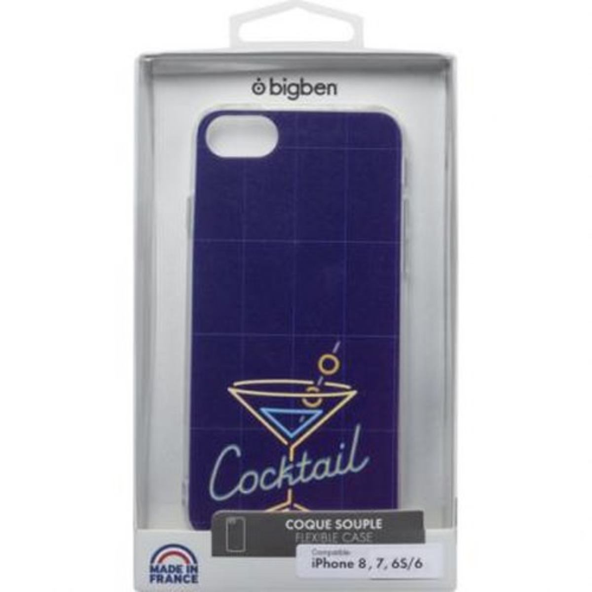 Custodia per telefono in una scatola. Design blu con un bicchiere da cocktail e la parola 'Cocktail'.